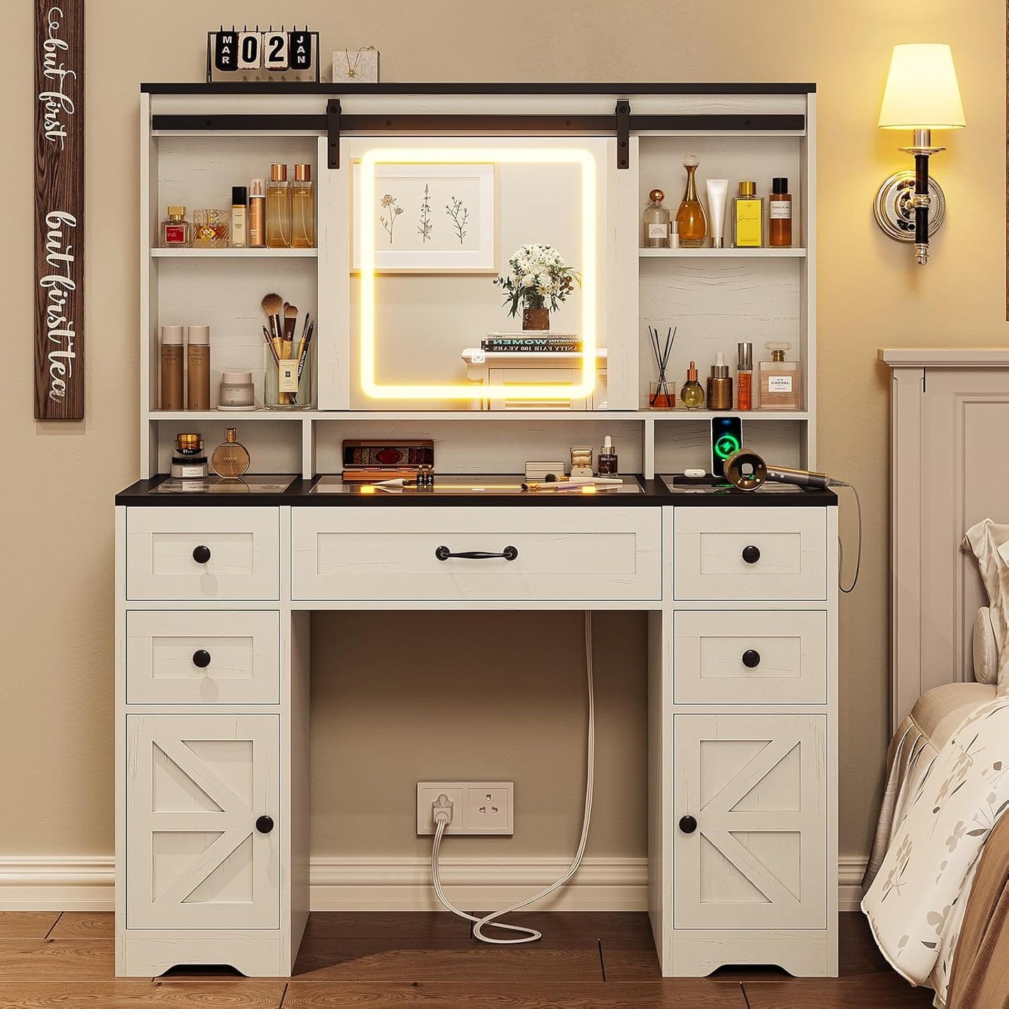 HAUOMS Vanity Antique White Farmhouse Vanity Desk Antique White