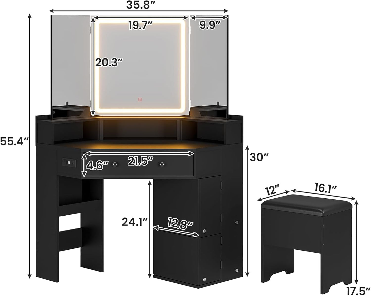 HAUOMS Vanity Black Corner Vanity with Cushioned Storage Stool Black