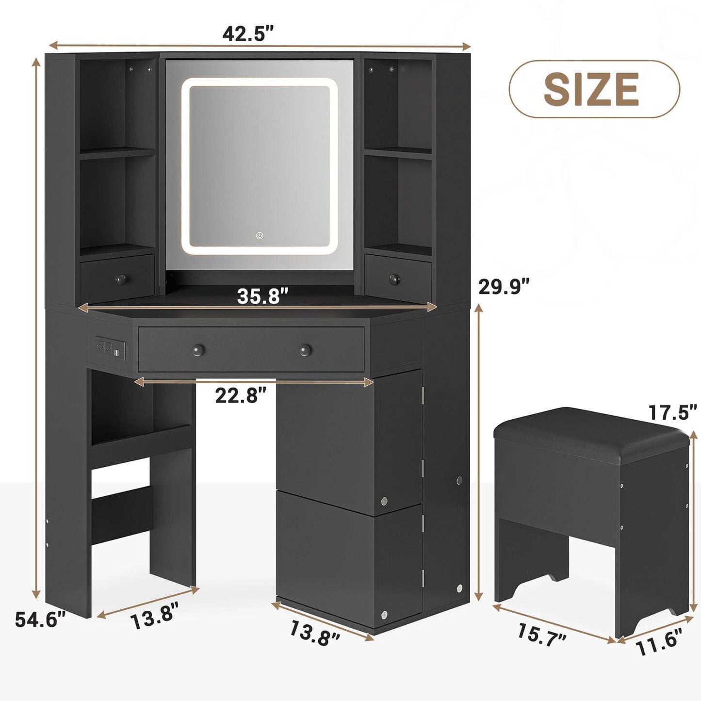 Hauoms Vanity Black / Engineered Wood / Modern Corner LED Makeup Vanity Desk Black