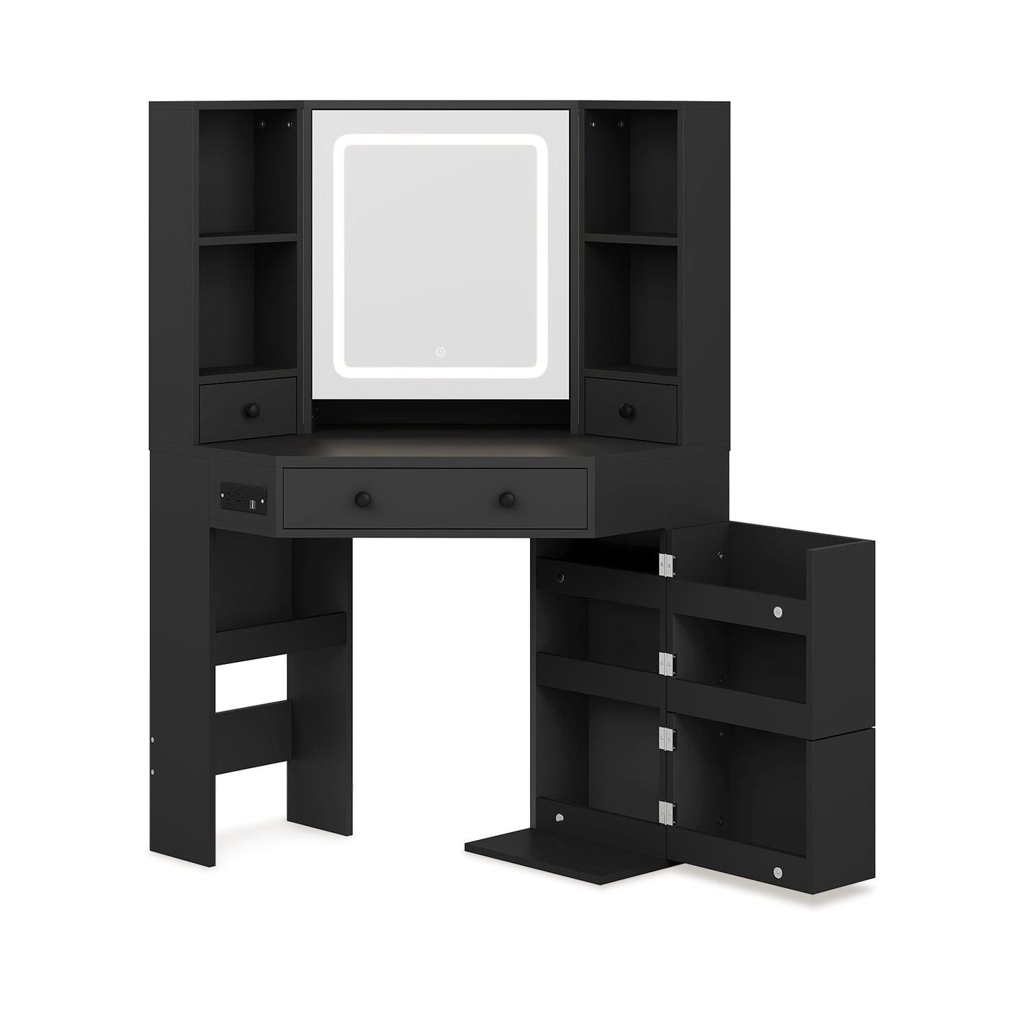 HAUOMS Vanity Black / Engineered Wood / Modern Corner LED Makeup Vanity Table Black