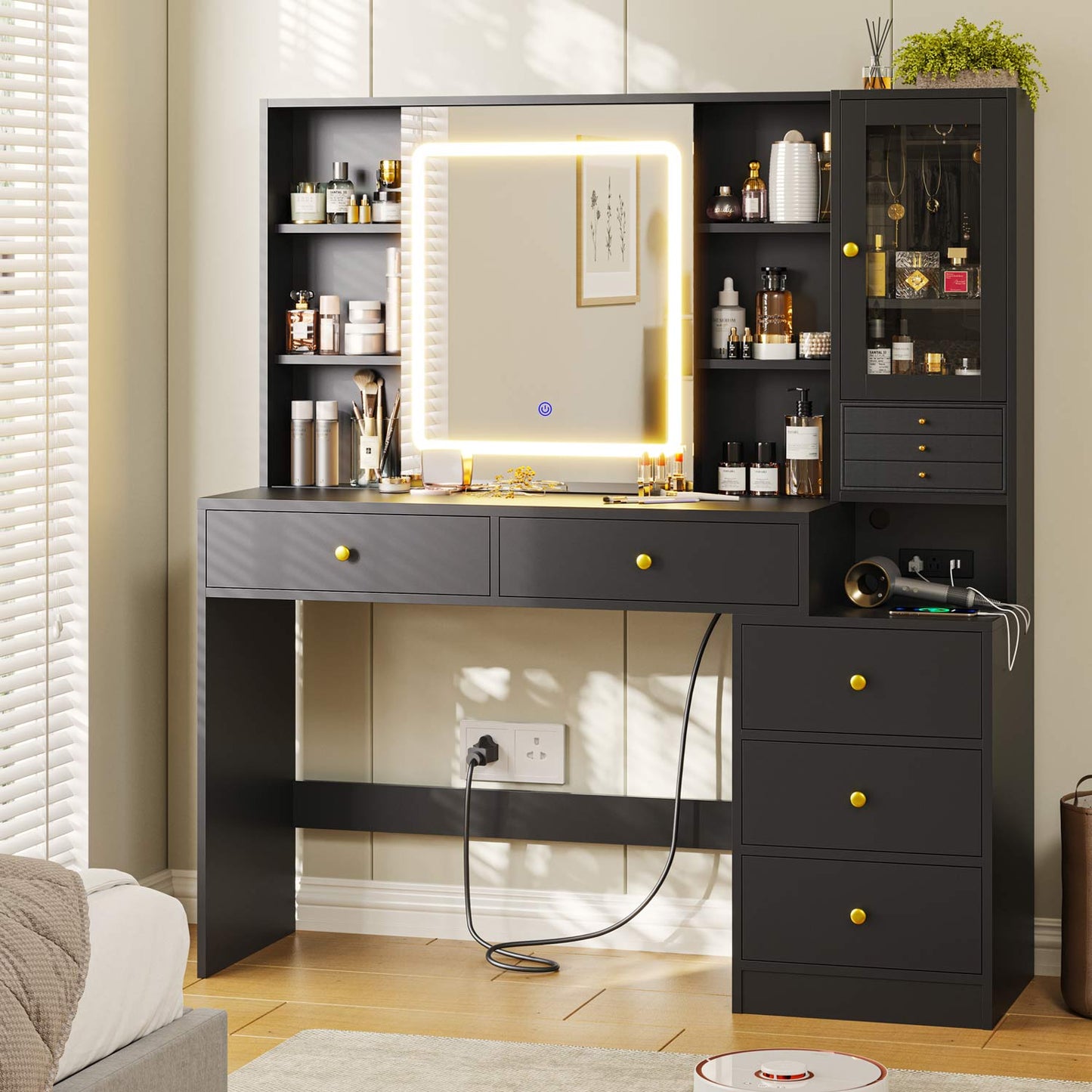 Hauoms Vanity Black / Engineered Wood / Modern Makeup Vanity with Jewelry Box Black