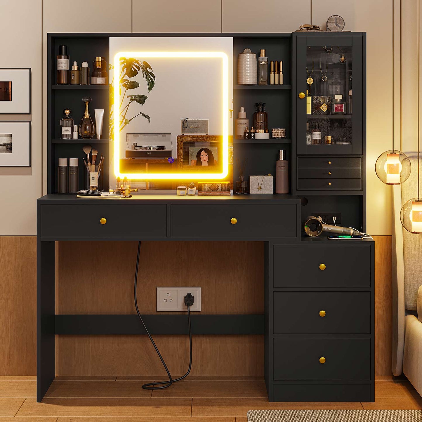 Hauoms Vanity Black / Engineered Wood / Modern Makeup Vanity with Jewelry Box Black