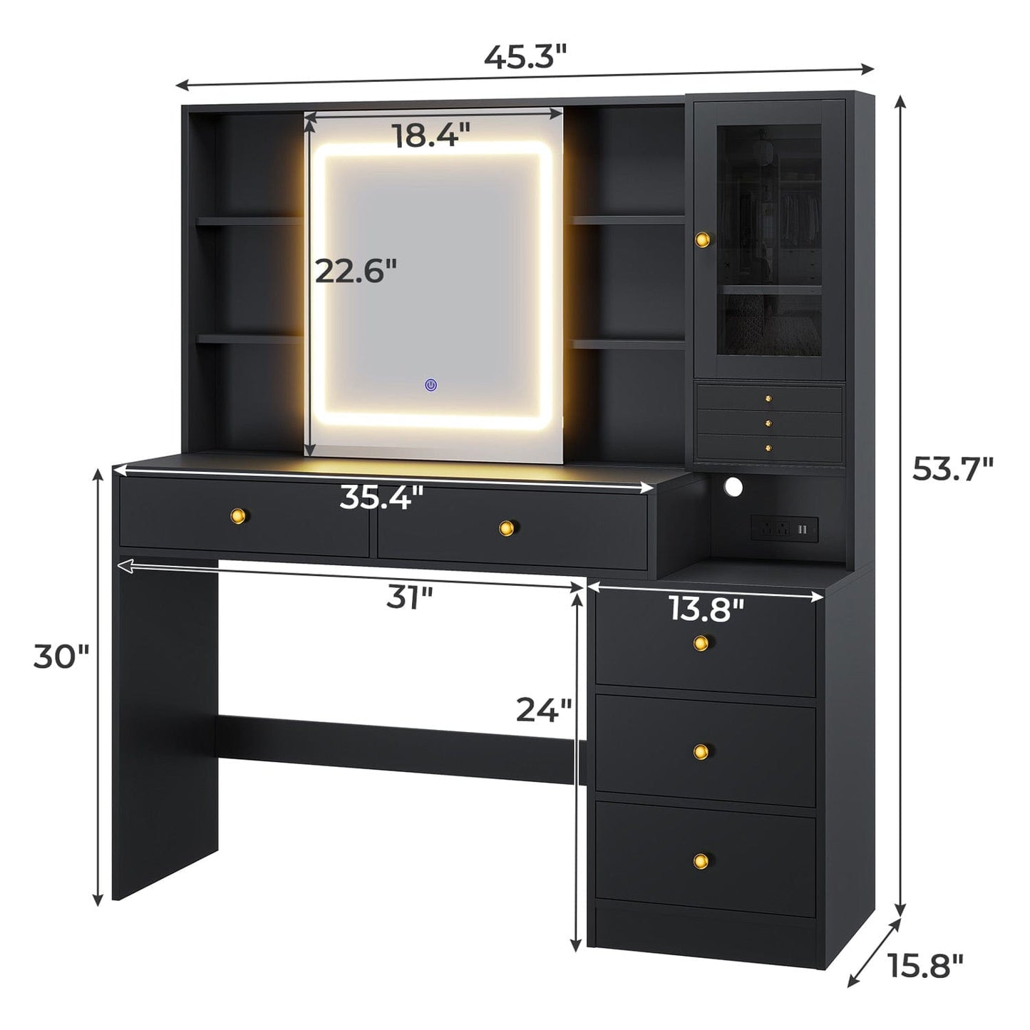 Hauoms Vanity Black / Engineered Wood / Modern Makeup Vanity with Jewelry Box Black