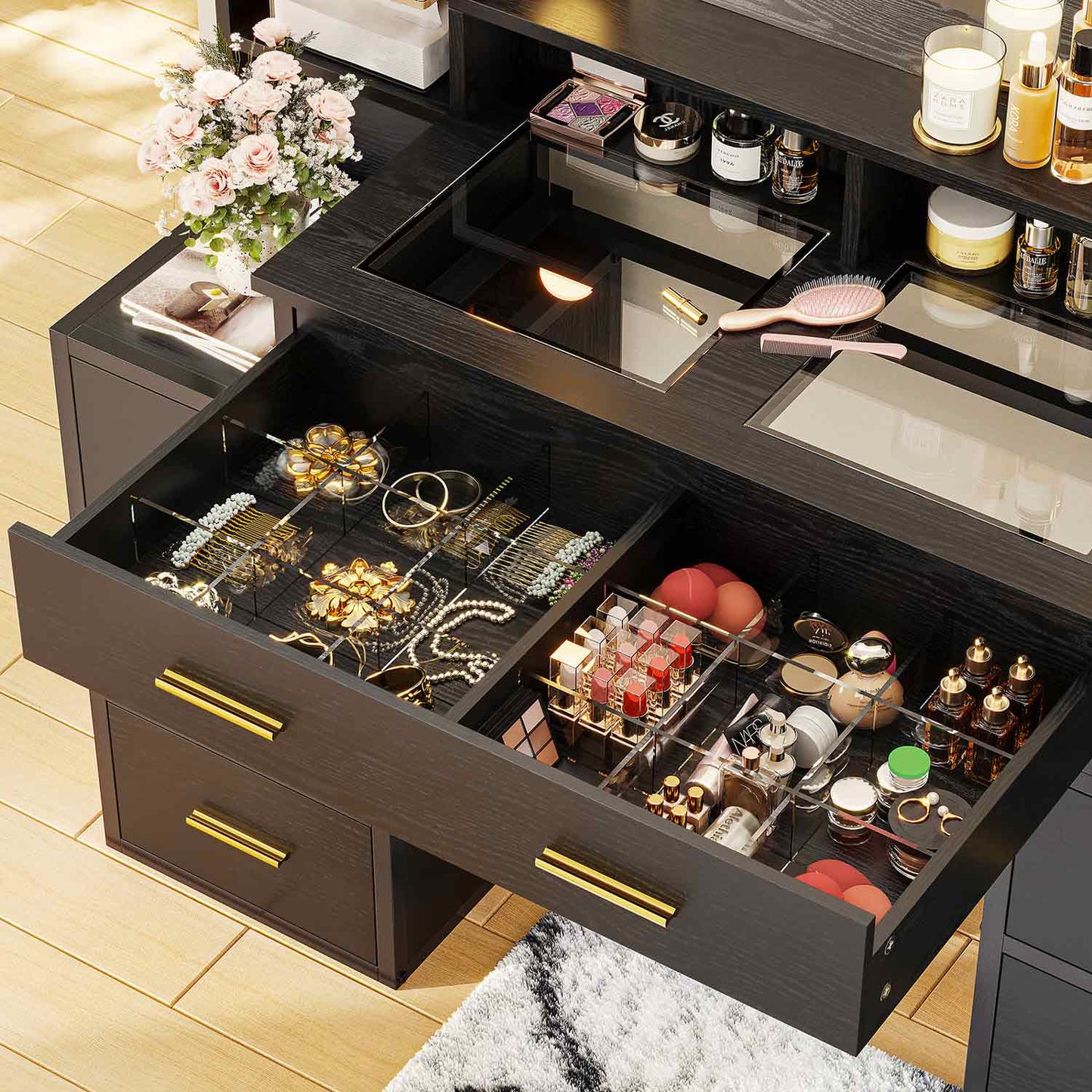 Hauoms Vanity Black / Glass / Modern Glass Top Makeup Vanity