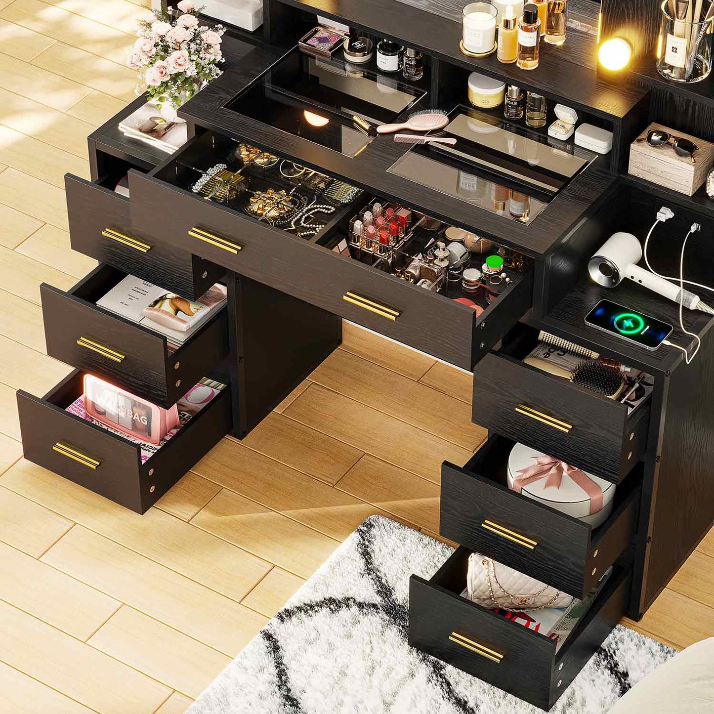 Hauoms Vanity Black / Glass / Modern Glass Top Makeup Vanity
