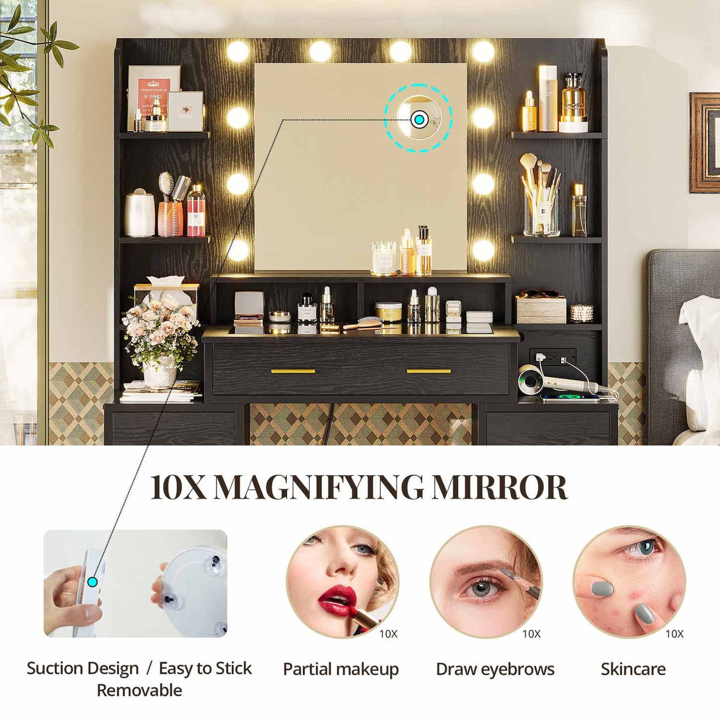 Hauoms Vanity Black / Glass / Modern Glass Top Makeup Vanity