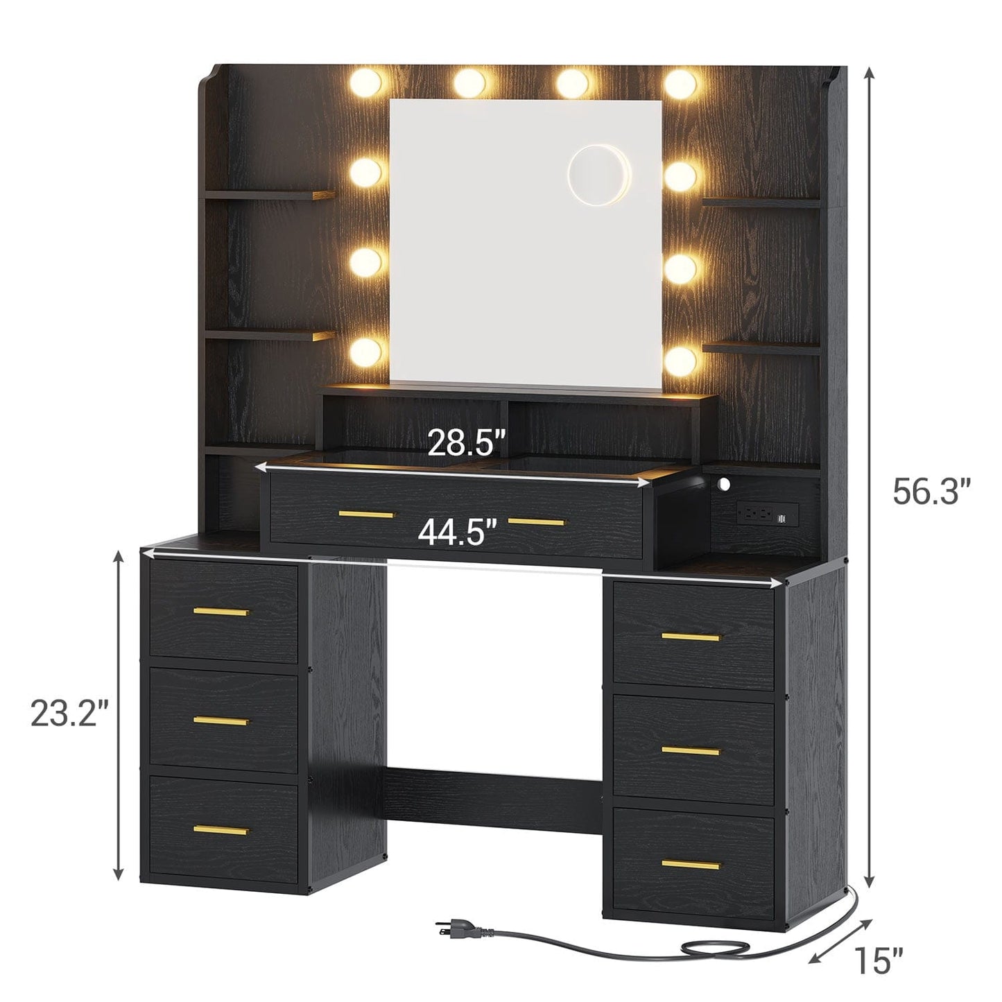 Hauoms Vanity Black / Glass / Modern Glass Top Makeup Vanity