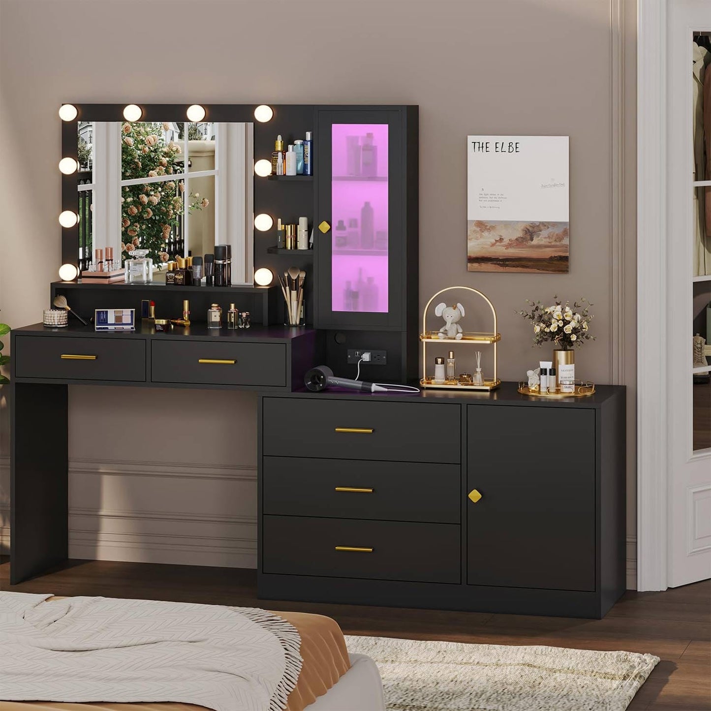 Hauoms Vanity Black / Iron / Modern LED Makeup Vanity Black