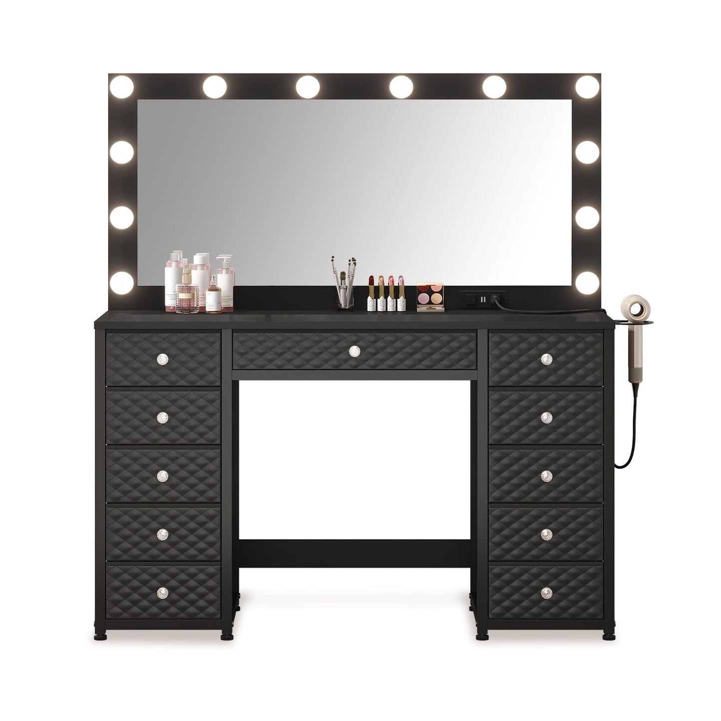 HAUOMS Vanity Black Makeup Vanity with Lights and Mirror Black