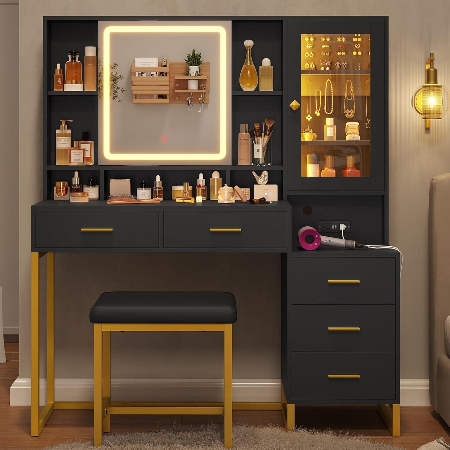 HAUOMS Vanity Black Makeup Vanity with Upholstered Stool Black & Gold