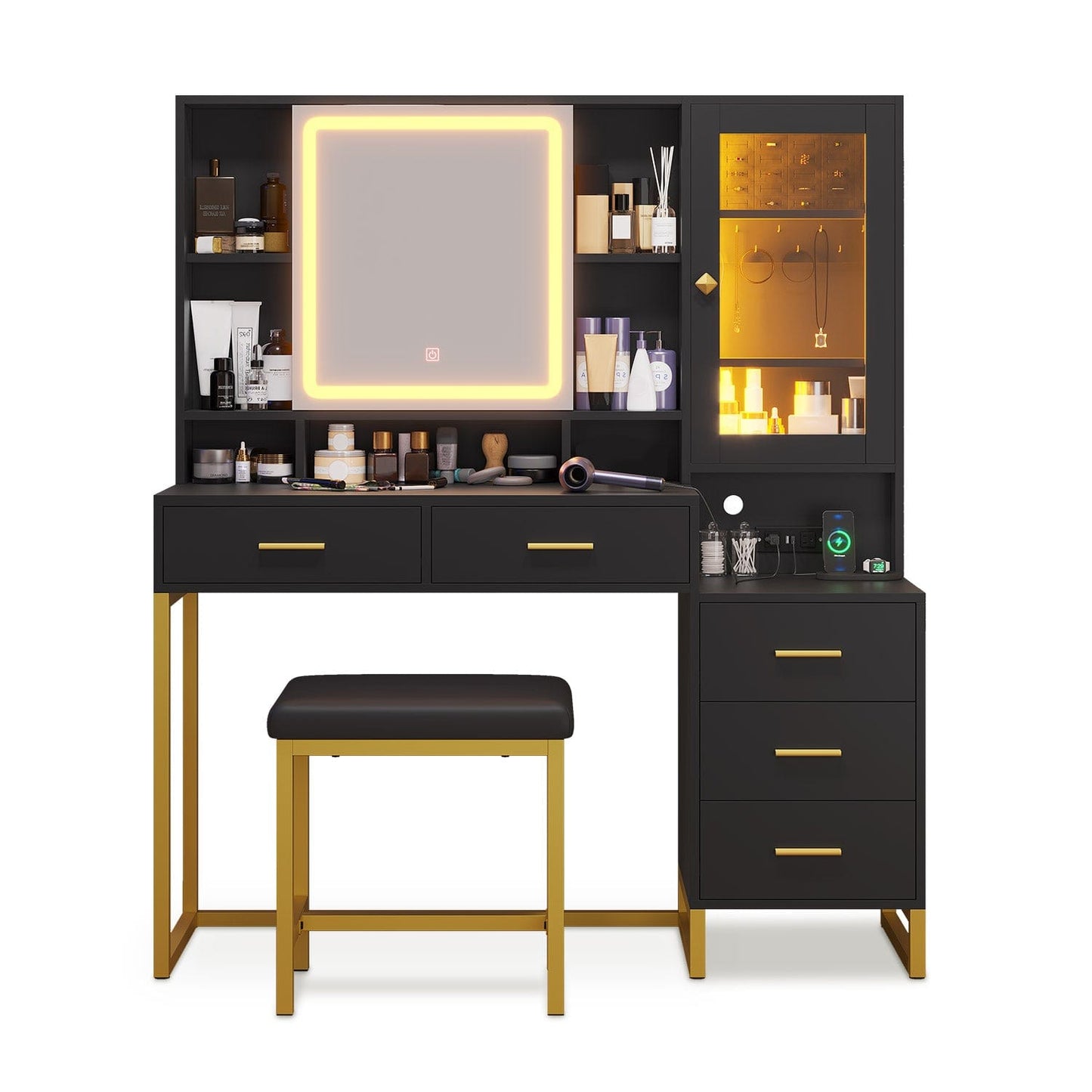 HAUOMS Vanity Black Makeup Vanity with Upholstered Stool Black & Gold