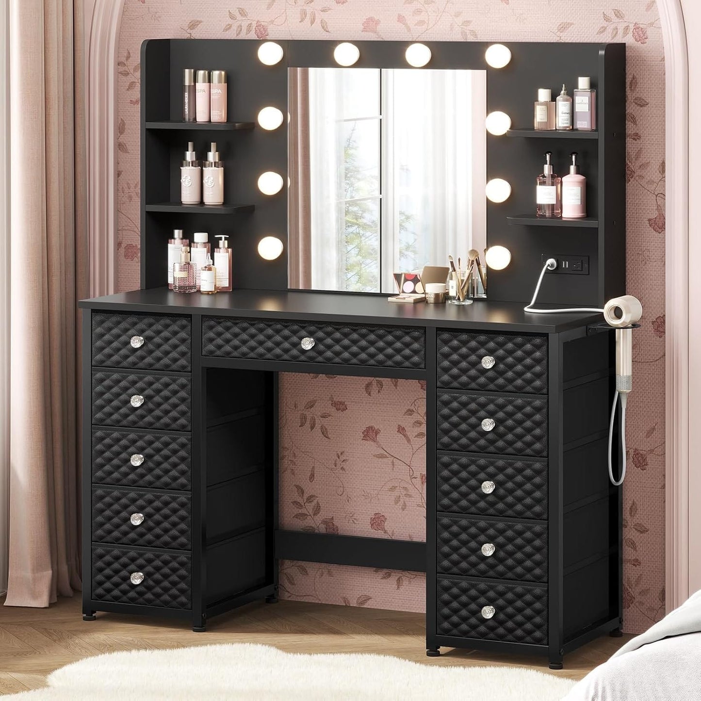 HAUOMS Vanity Black Vanity with Lights and Mirror