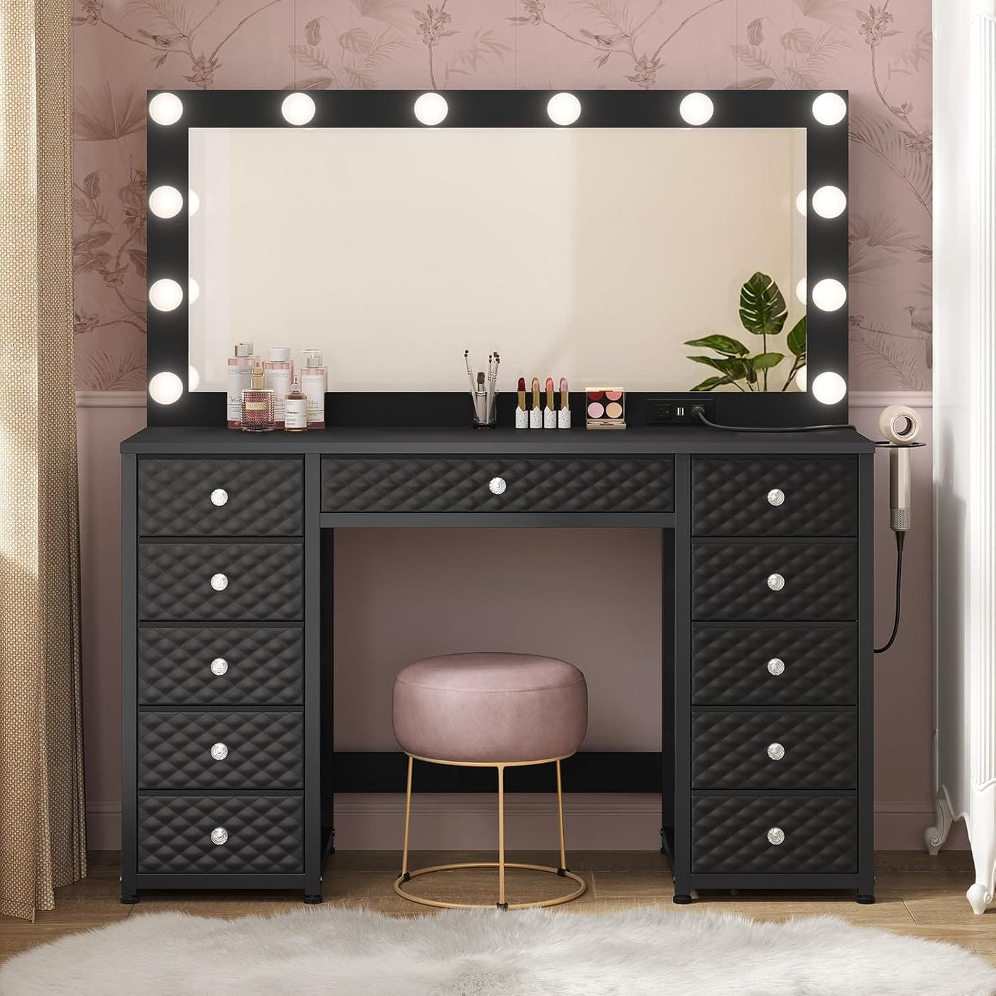 HAUOMS Vanity Black Vanity with Lights and Mirror Black
