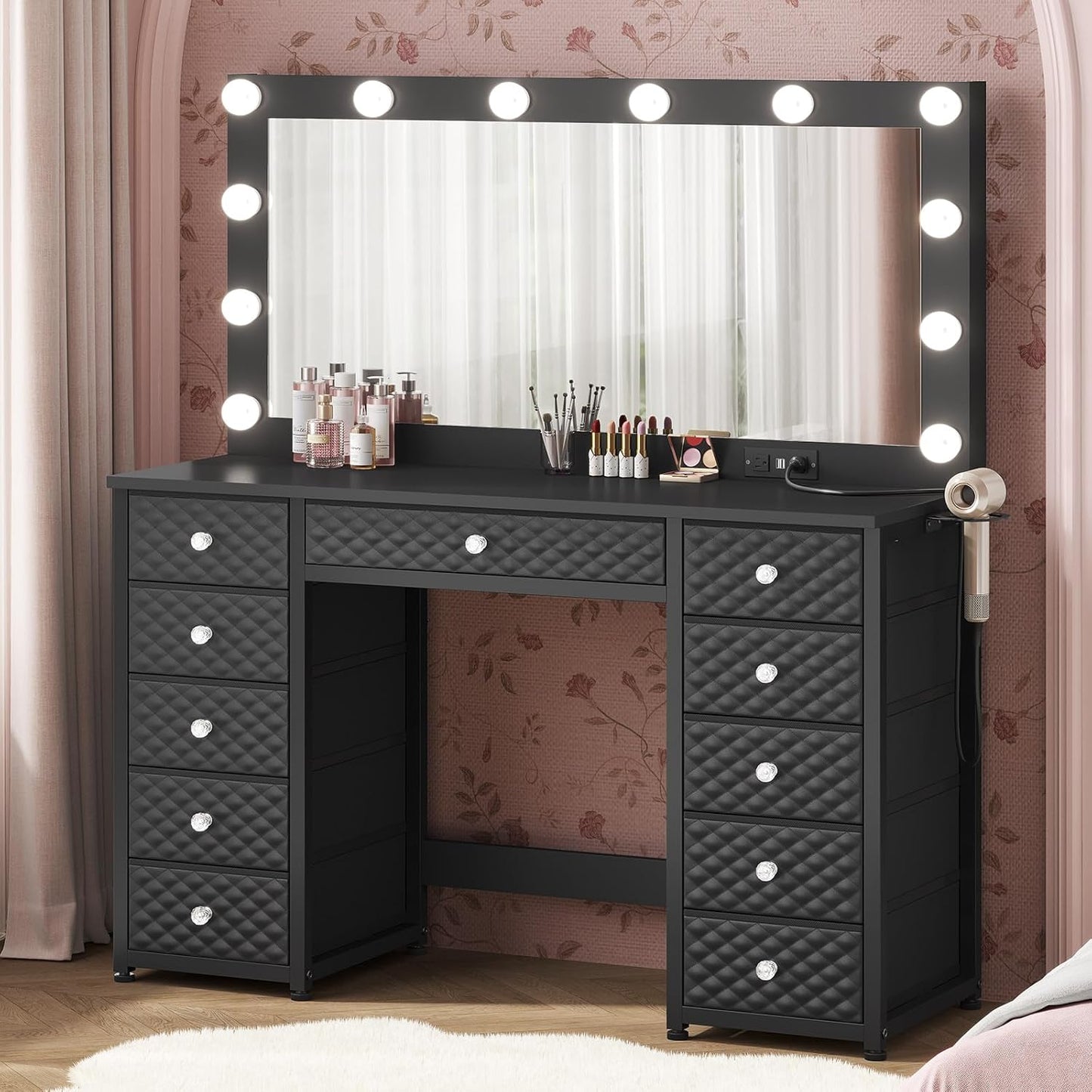 HAUOMS Vanity Black Vanity with Lights and Mirror Black
