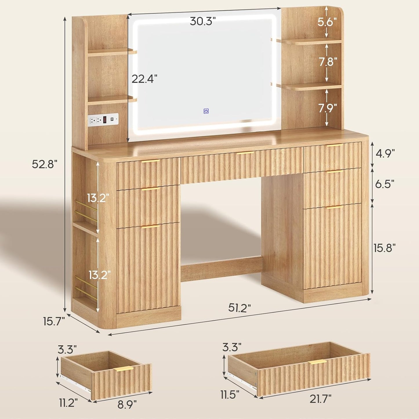 HAUOMS Vanity Fluted Makeup Vanity Desk with Mirror and Lights
