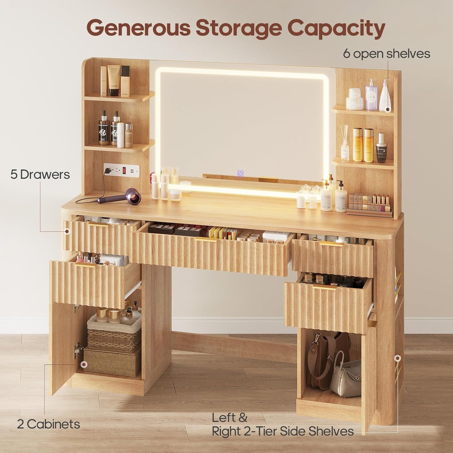 HAUOMS Vanity Fluted Makeup Vanity Desk with Mirror and Lights