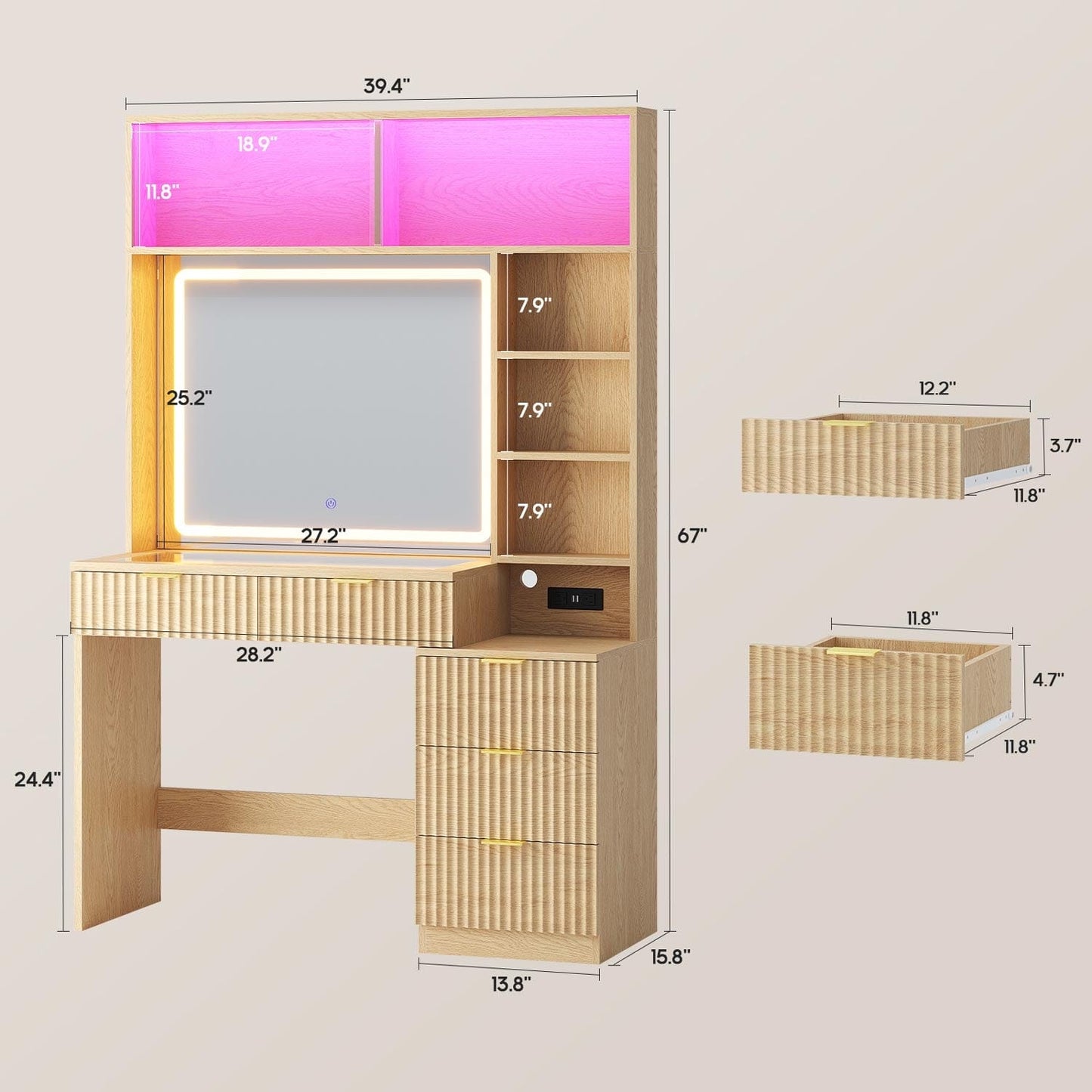HAUOMS Vanity Oak / Engineered Wood / Modern Fluted Makeup Vanity with Sync Music LED Lights and Glass Top Oak