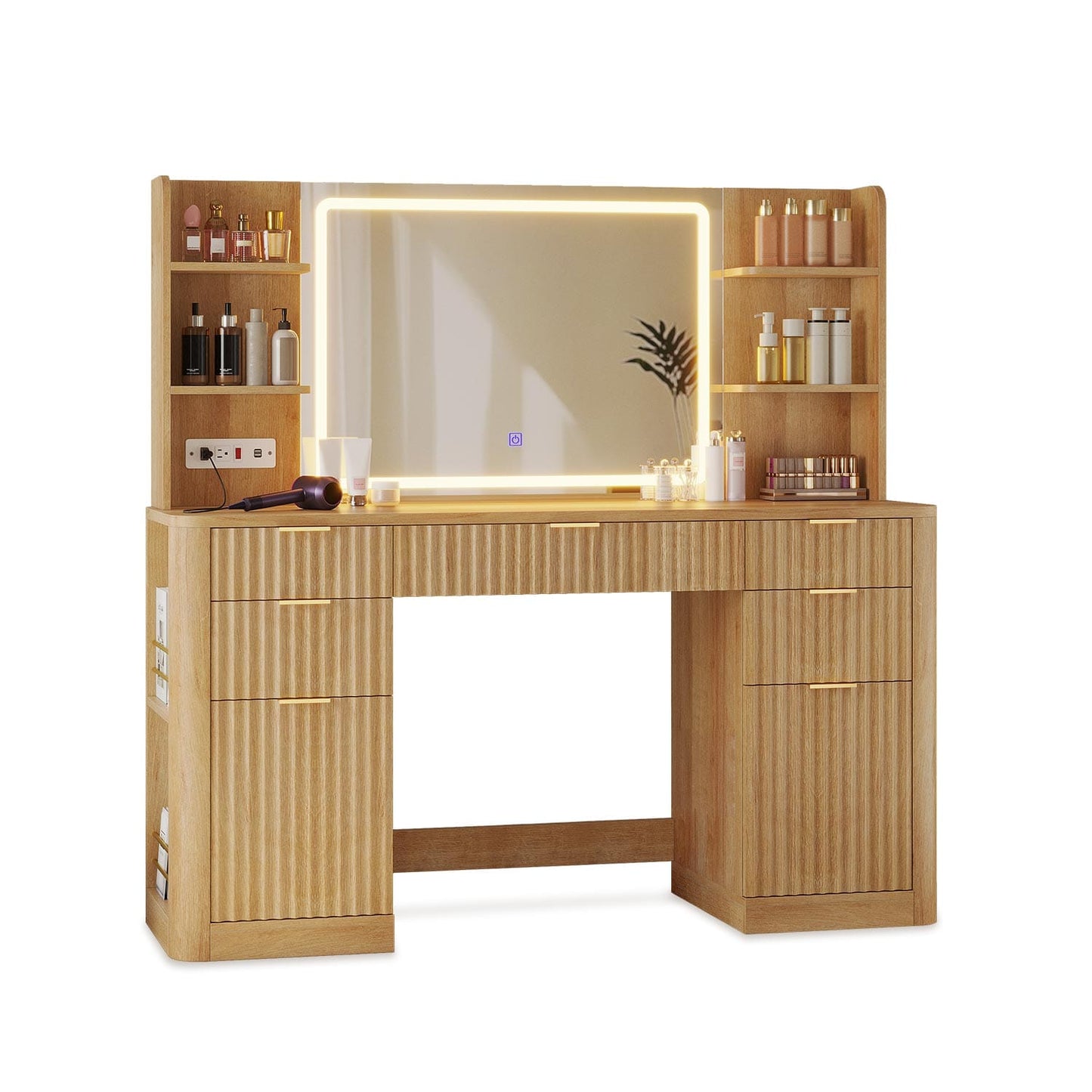 HAUOMS Vanity Oak Fluted Makeup Vanity Desk with Mirror and Lights Oak