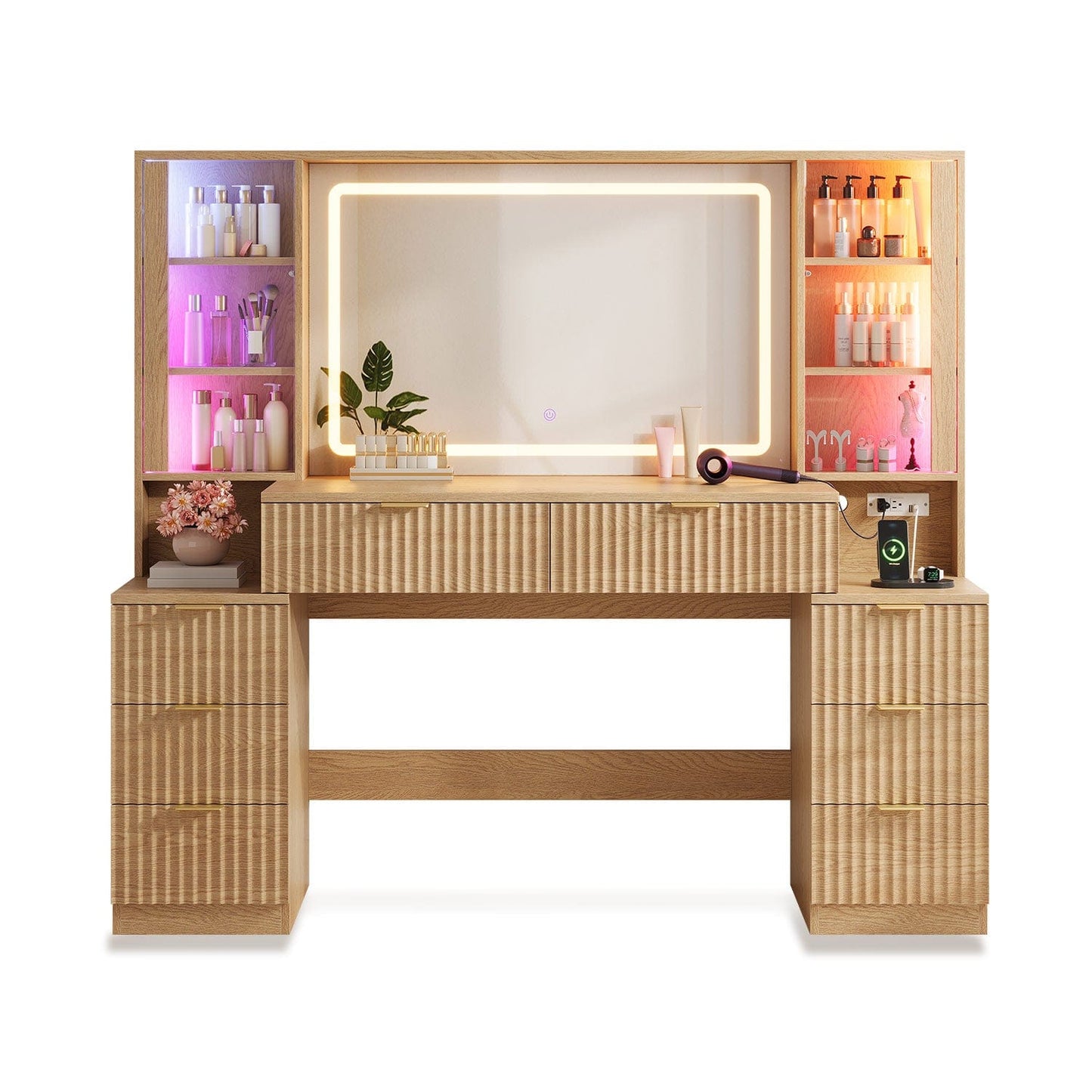 HAUOMS Vanity Oak / Modern / Engineered Wood Fluted Makeup Vanity with LED Mirror & Sound Sync Lights Oak