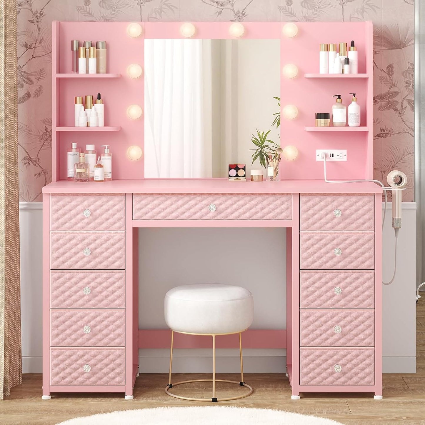 HAUOMS Vanity Pink Vanity with Lights and Mirror Pink
