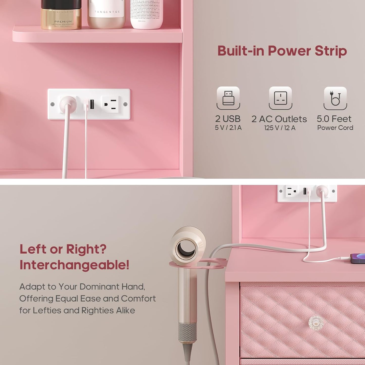 HAUOMS Vanity Pink Vanity with Lights and Mirror Pink