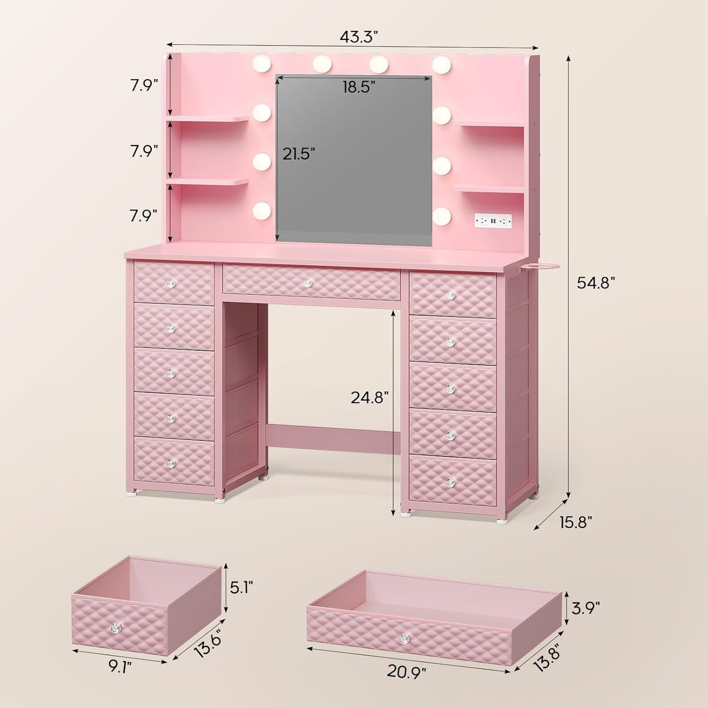 HAUOMS Vanity Pink Vanity with Lights and Mirror Pink