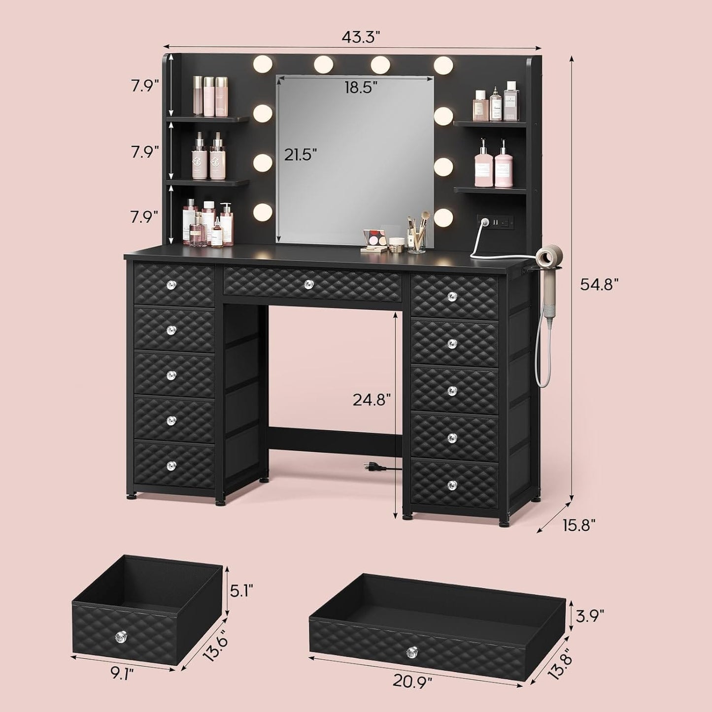 HAUOMS Vanity Vanity with Lights and Mirror