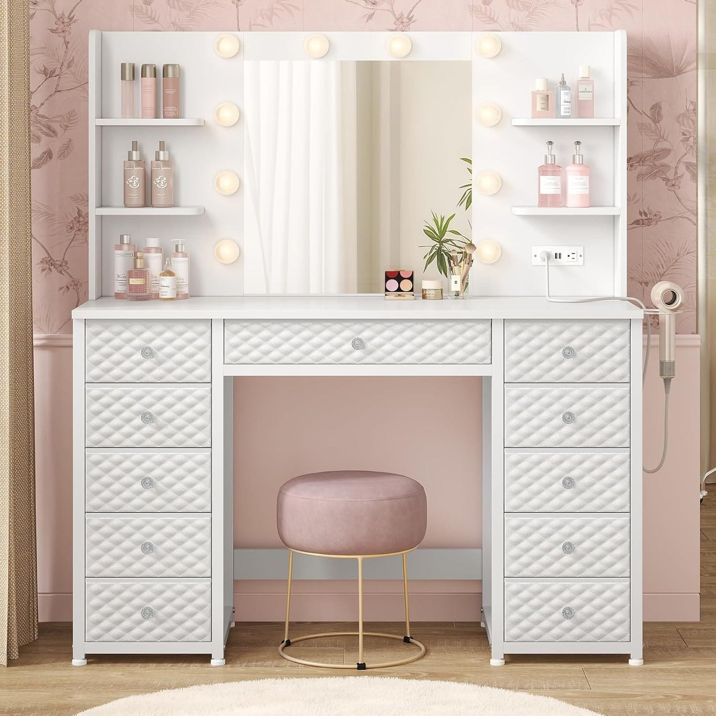 HAUOMS Vanity Vanity with Lights and Mirror, White