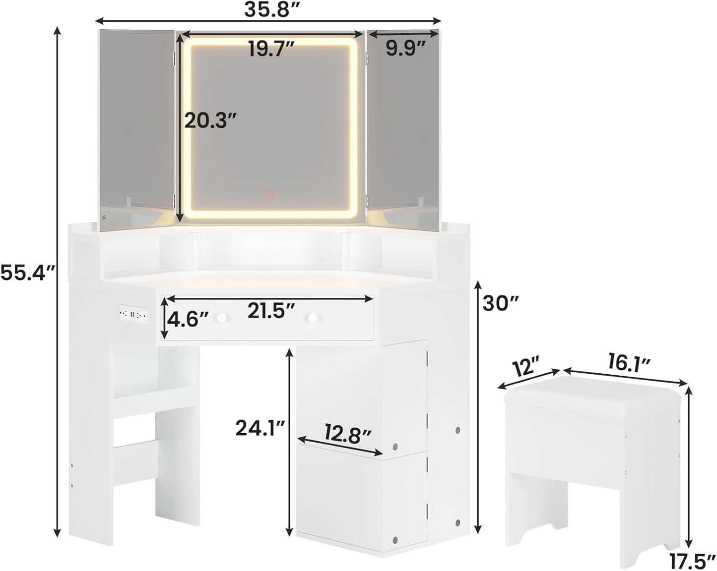 HAUOMS Vanity White Corner Vanity with Cushioned Storage Stool White