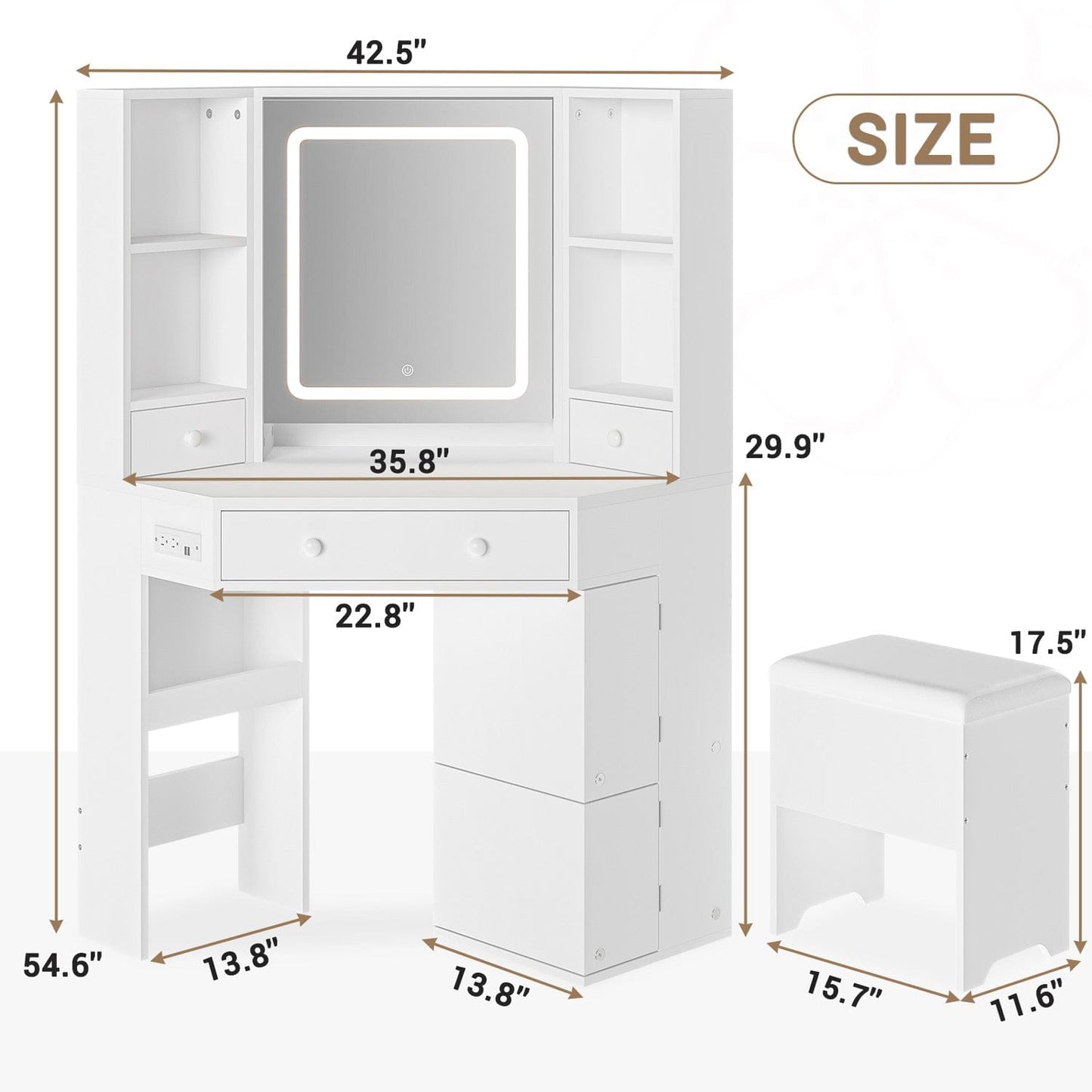Hauoms Vanity White / Engineered Wood / Modern Corner LED Makeup Vanity Desk White