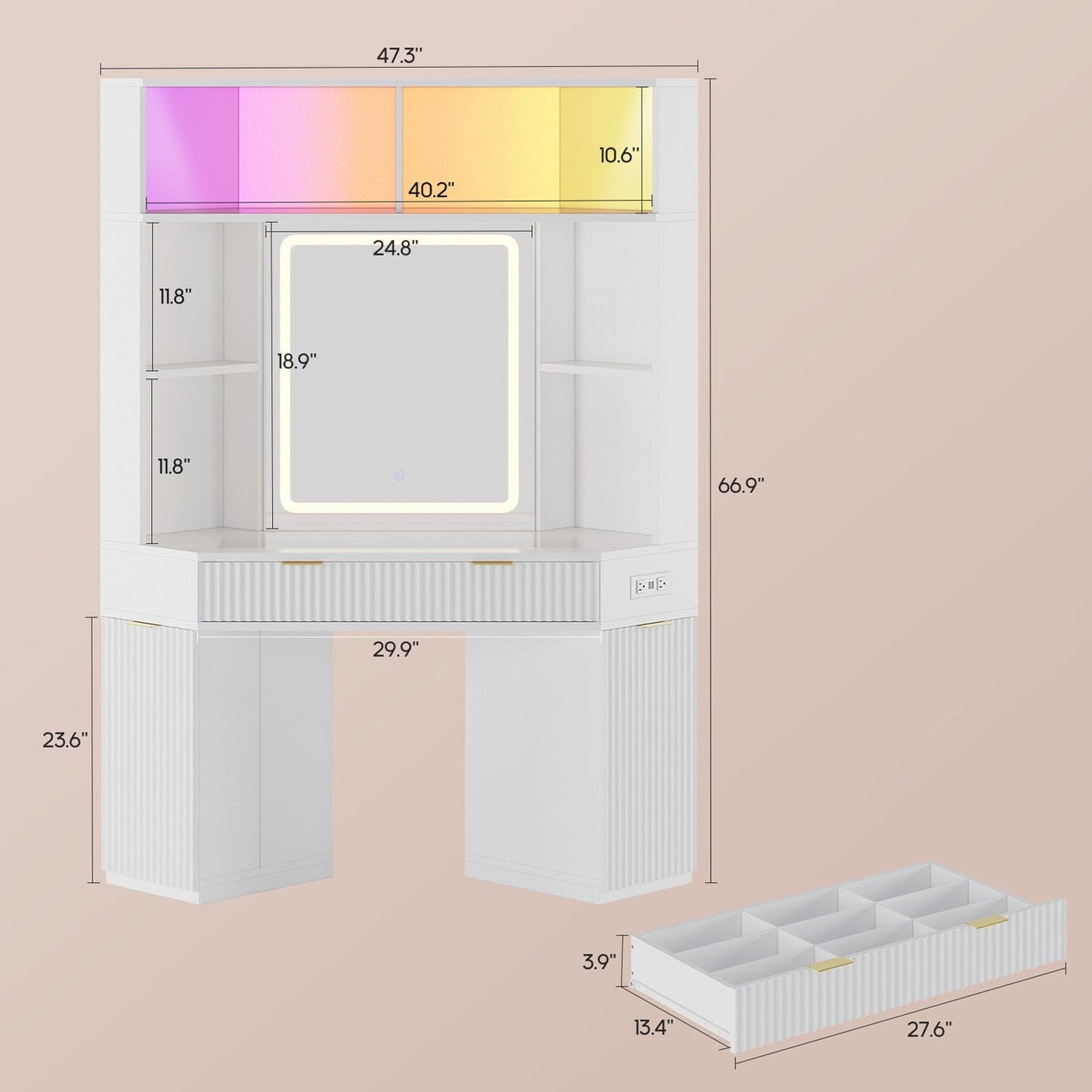 HAUOMS Vanity White / Engineered Wood / Modern Fluted Corner Makeup Vanity with LED Lights & Charging White