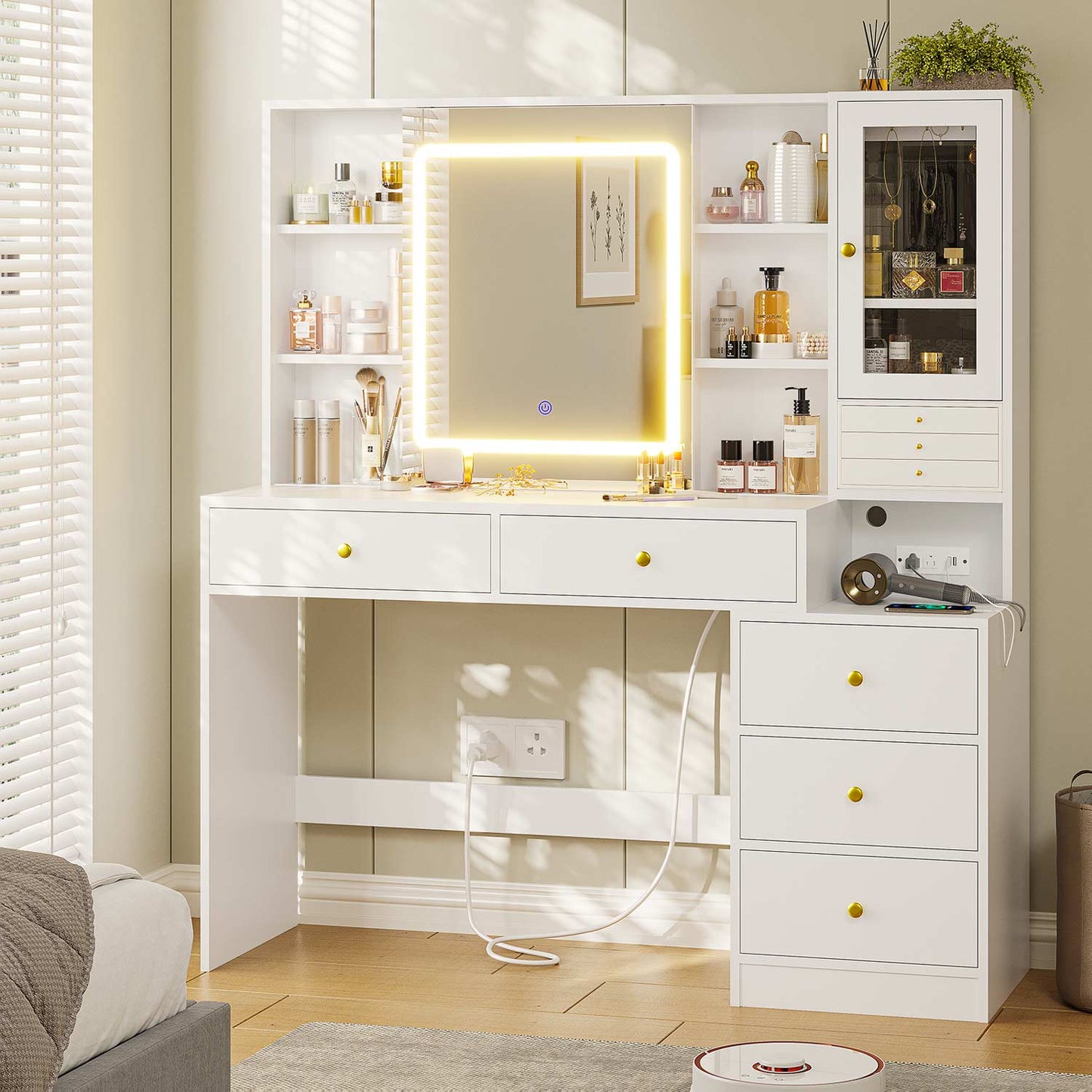 Hauoms Vanity White / Engineered Wood / Modern Makeup Vanity with Jewelry Box White