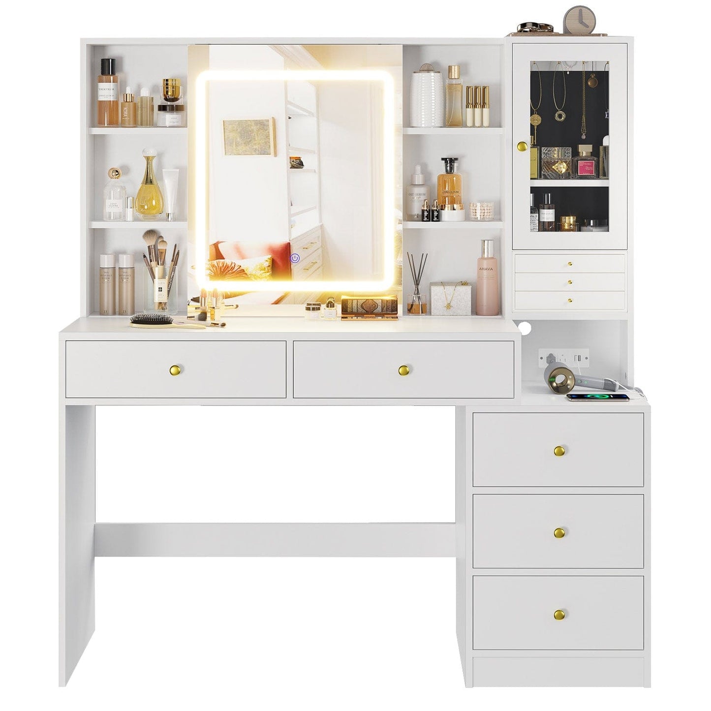 Hauoms Vanity White / Engineered Wood / Modern Makeup Vanity with Jewelry Box White