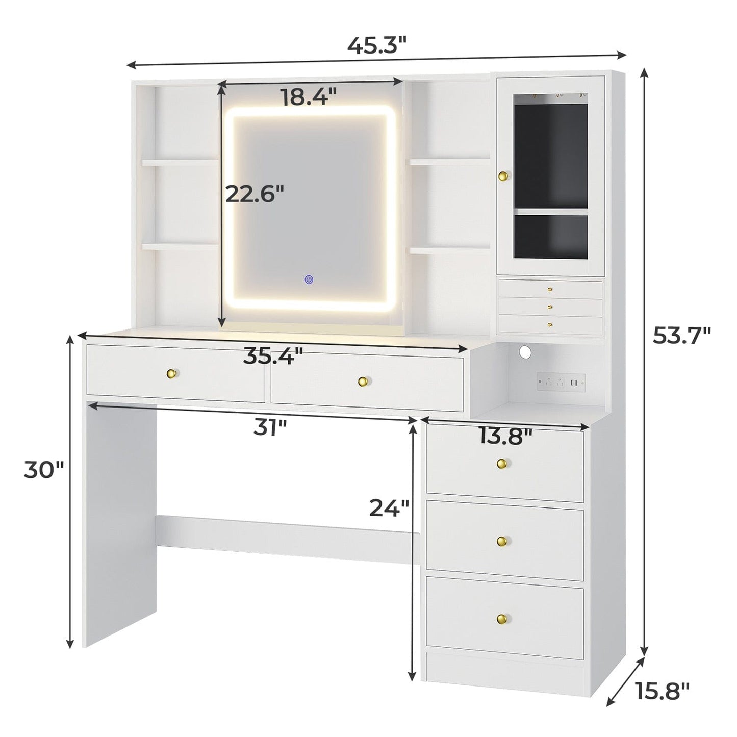 Hauoms Vanity White / Engineered Wood / Modern Makeup Vanity with Jewelry Box White