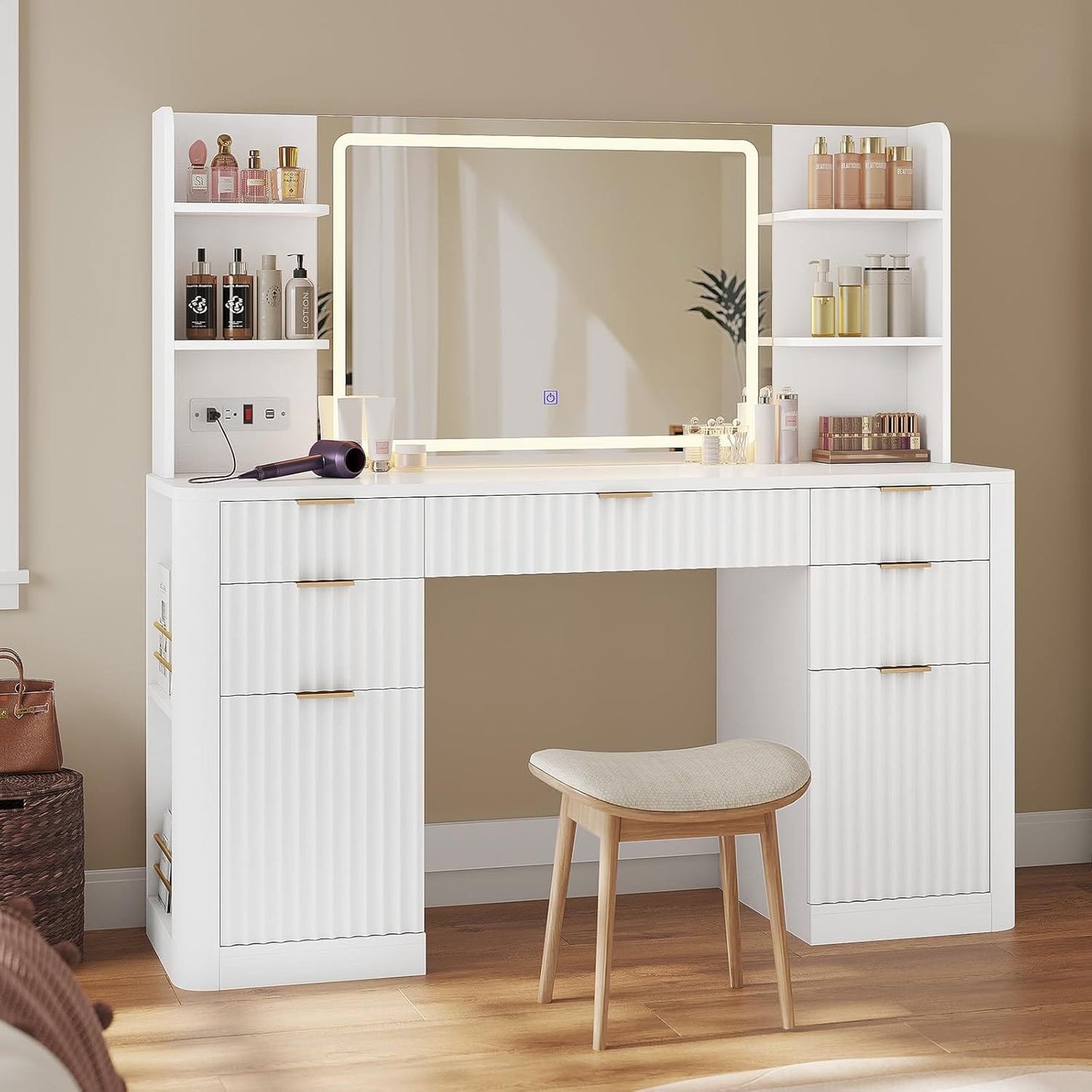 HAUOMS Vanity White Fluted Makeup Vanity Desk with Mirror and Lights White