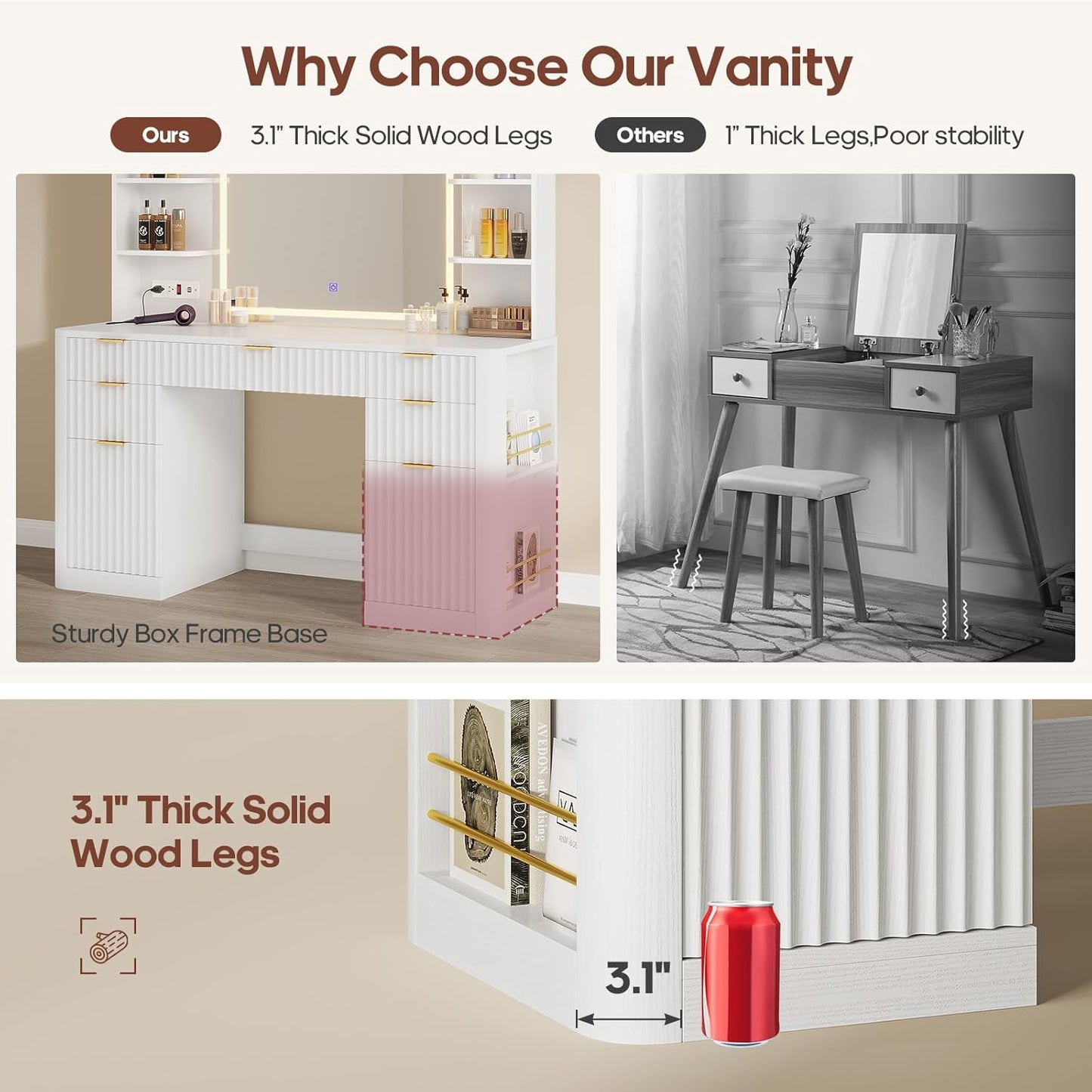 HAUOMS Vanity White Fluted Makeup Vanity Desk with Mirror and Lights White