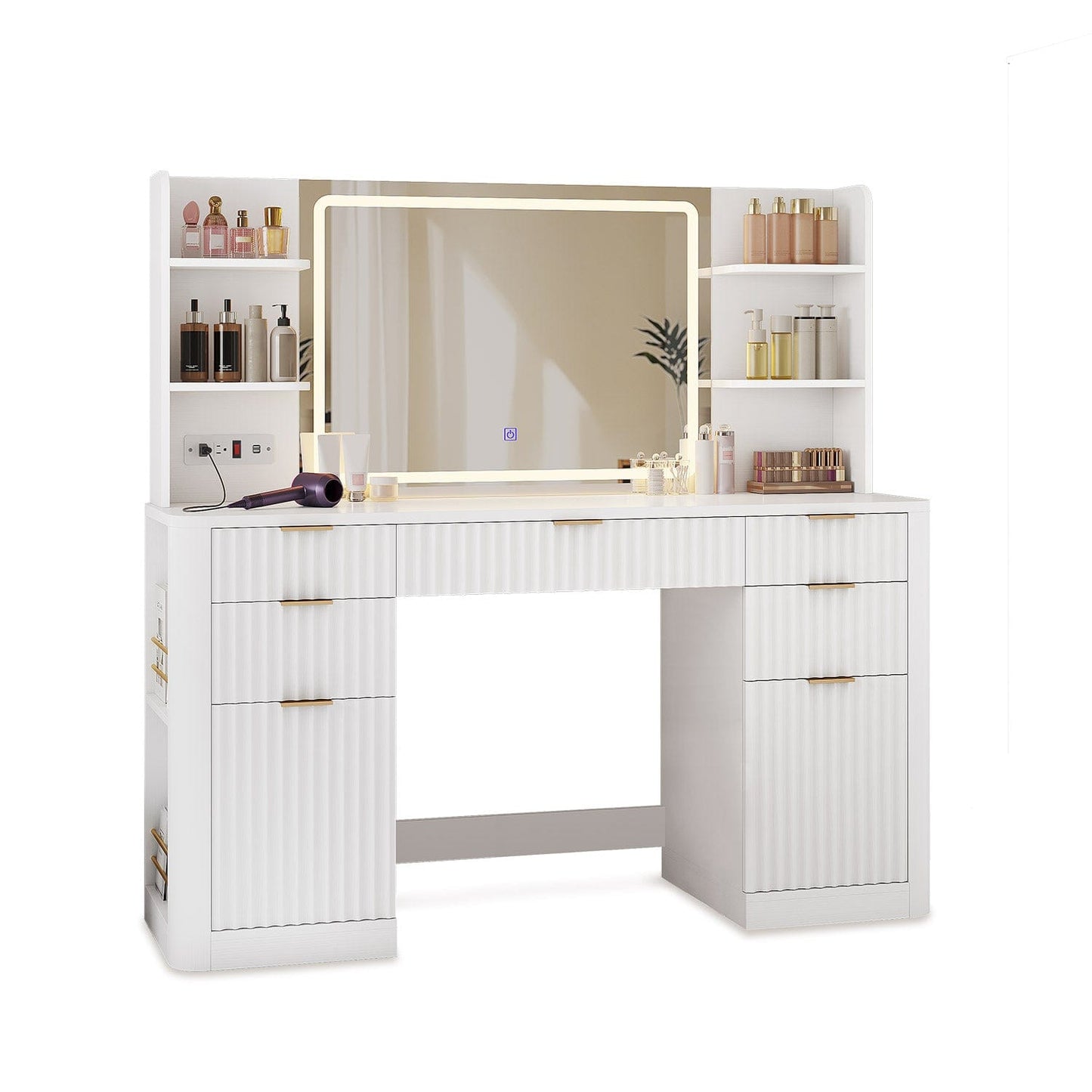 HAUOMS Vanity White Fluted Makeup Vanity Desk with Mirror and Lights White
