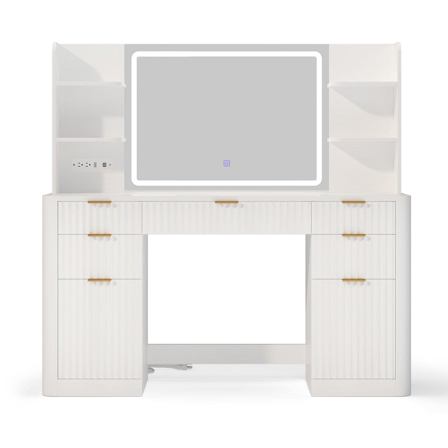 HAUOMS Vanity White Fluted Makeup Vanity Desk with Mirror and Lights White