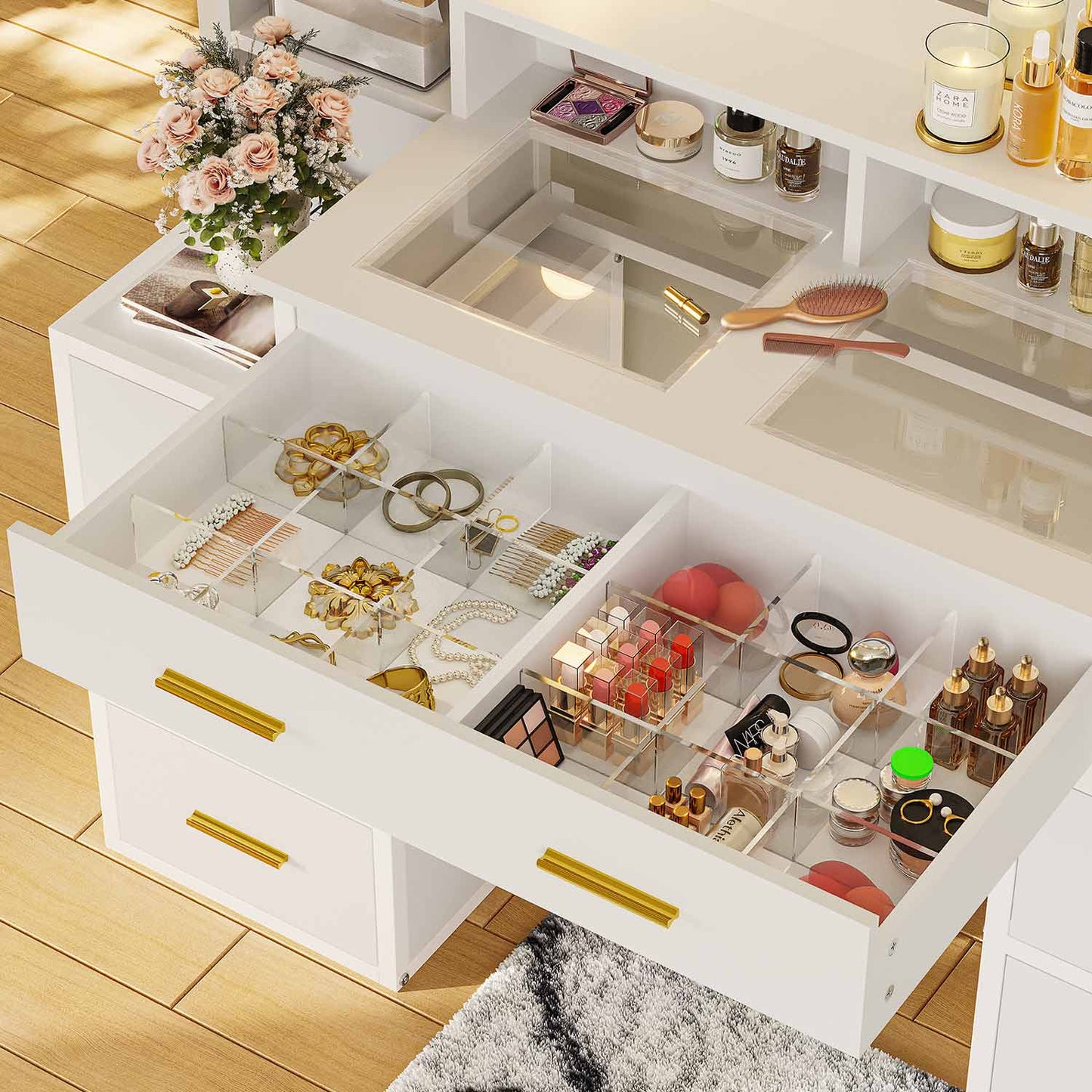Hauoms Vanity White / Glass / Modern Glass Top Makeup Vanity White