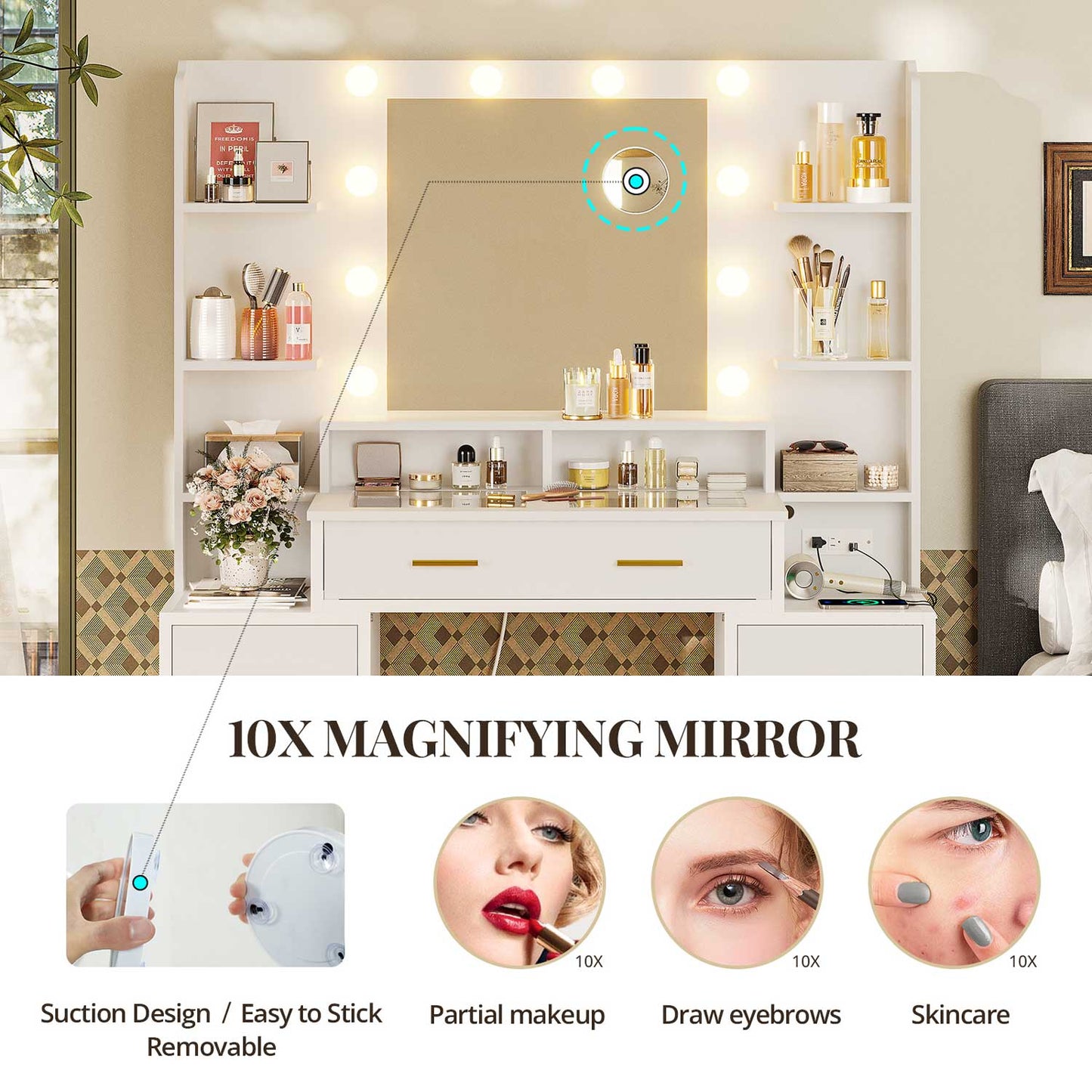 Hauoms Vanity White / Glass / Modern Glass Top Makeup Vanity White