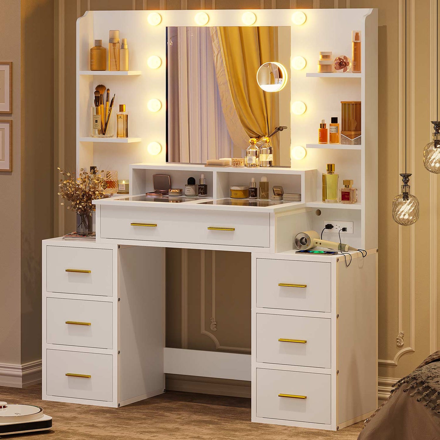 Hauoms Vanity White / Glass / Modern Glass Top Makeup Vanity White