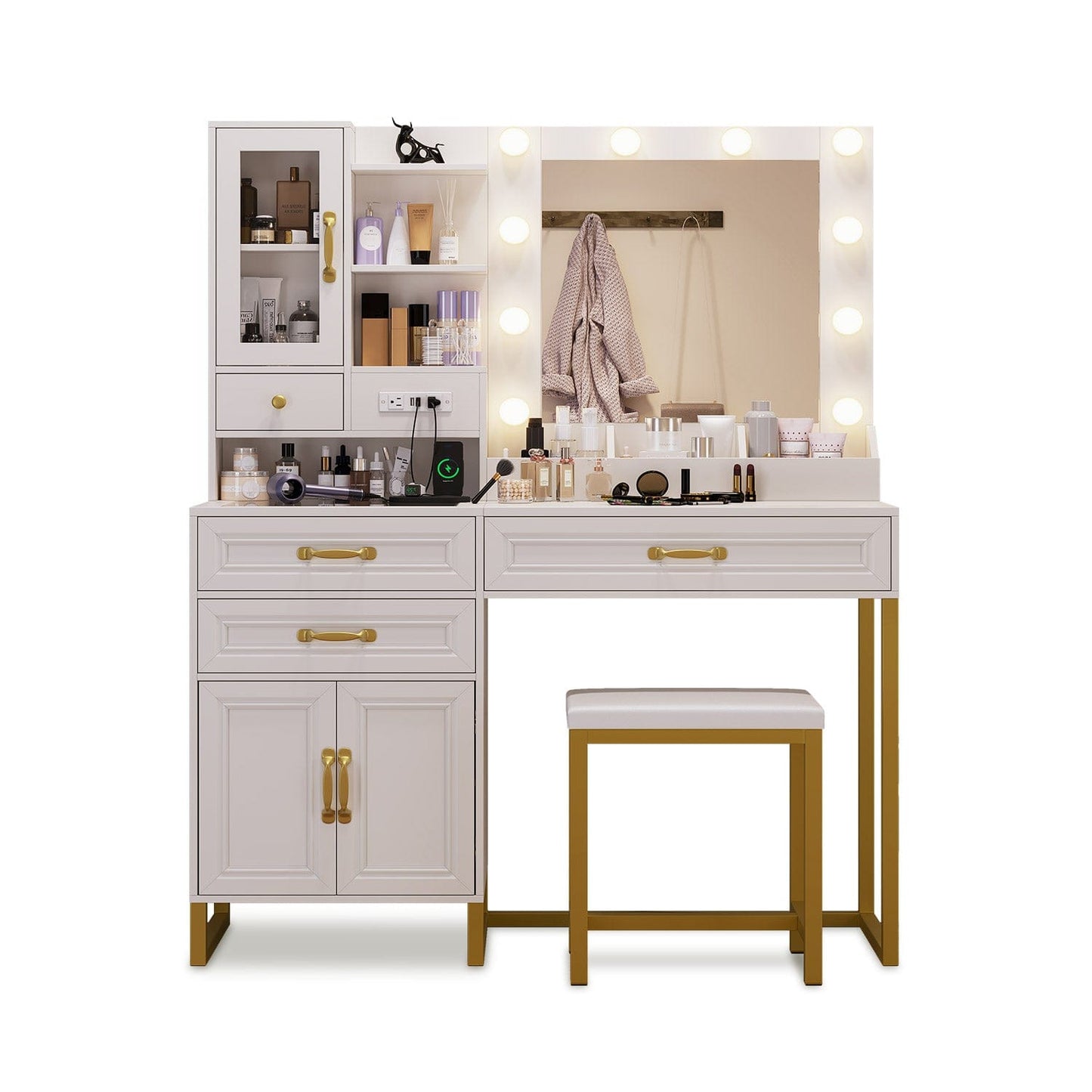 HAUOMS Vanity White & Gold / Metal / Modern LED Makeup Vanity Set White & Gold
