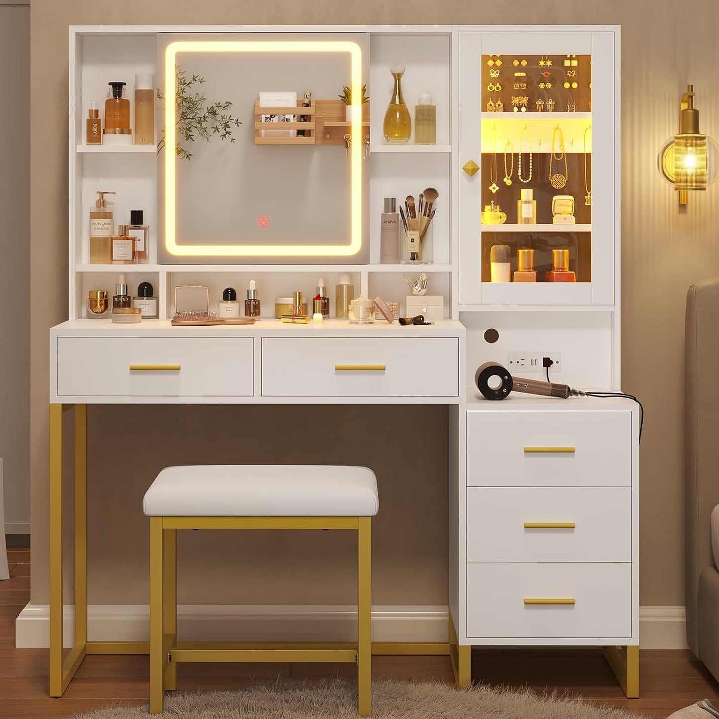 HAUOMS Vanity White Makeup Vanity with Upholstered Stool White & Gold