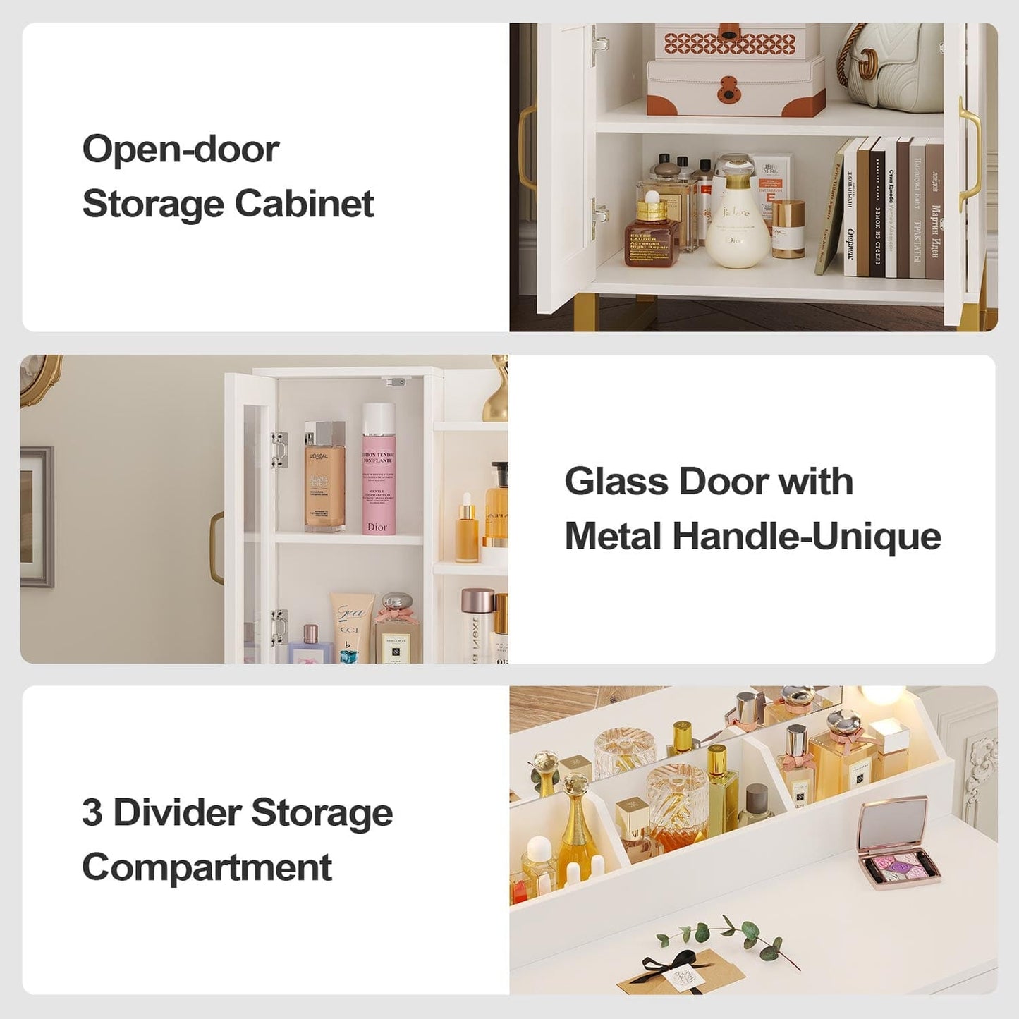 Hauoms Vanity White / Metal / Modern Glass Top Makeup Vanity Set White & Gold