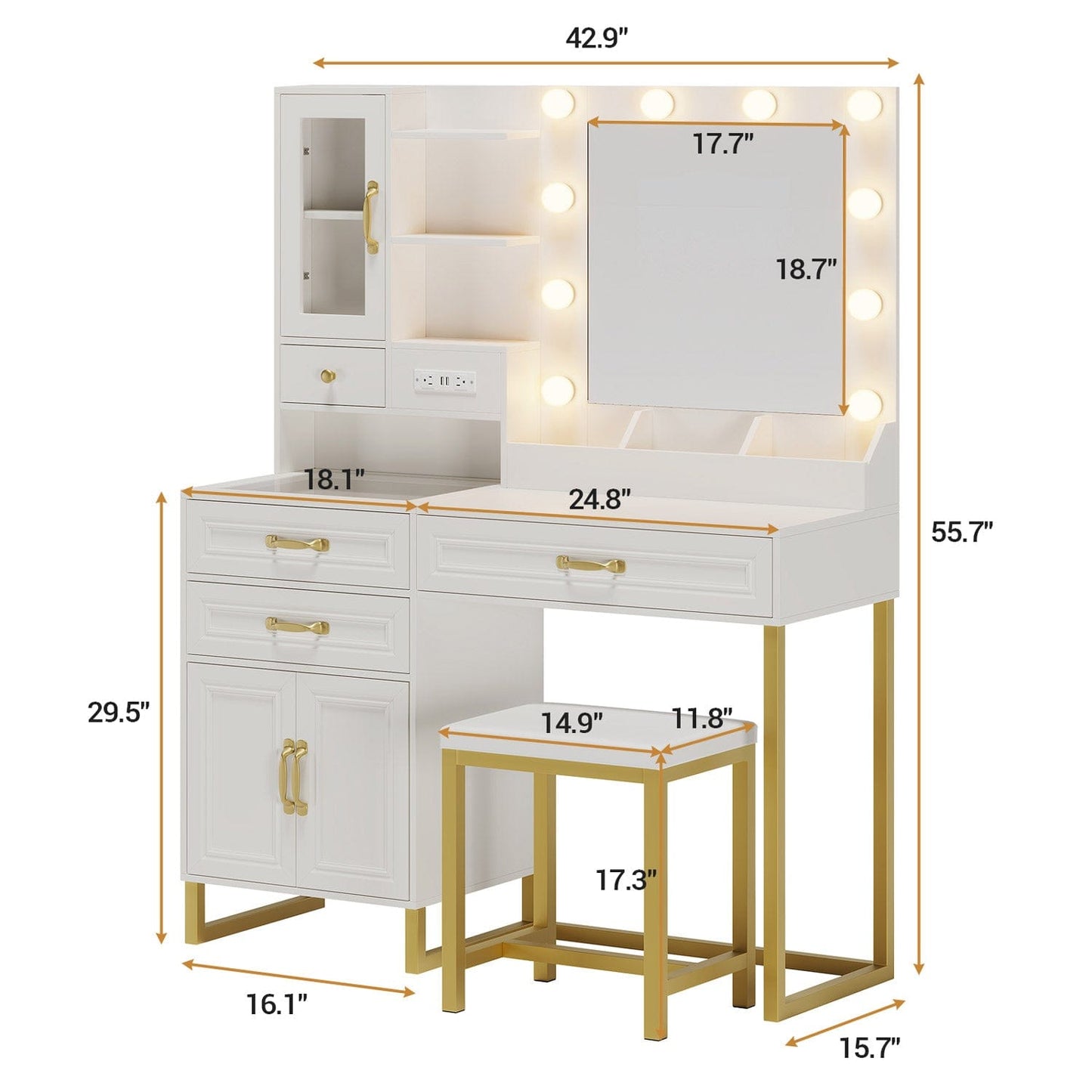 Hauoms Vanity White / Metal / Modern Glass Top Makeup Vanity Set White & Gold
