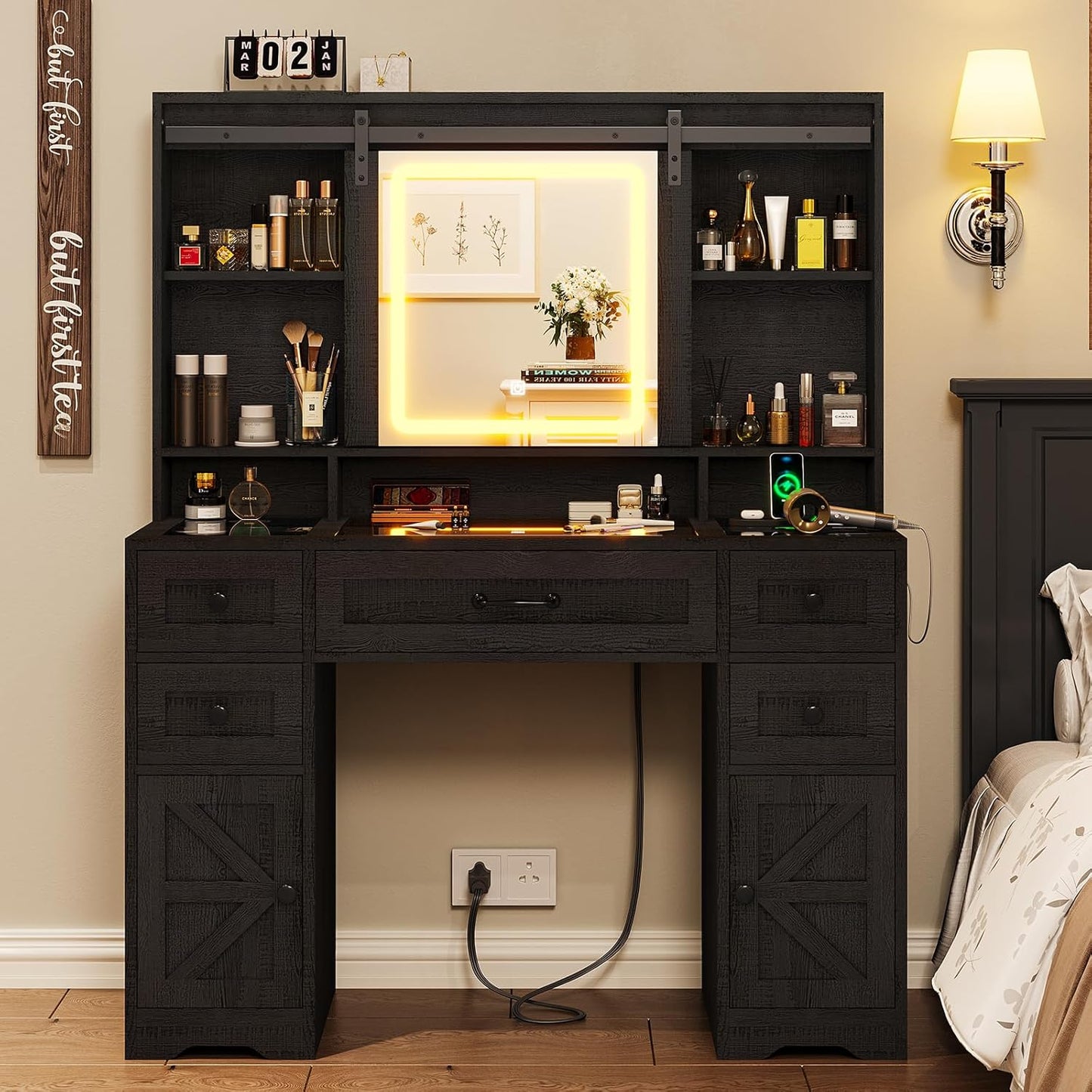 HAUOMS Vanity Wood-Grain Black Farmhouse Vanity Desk Wood-Grain Black