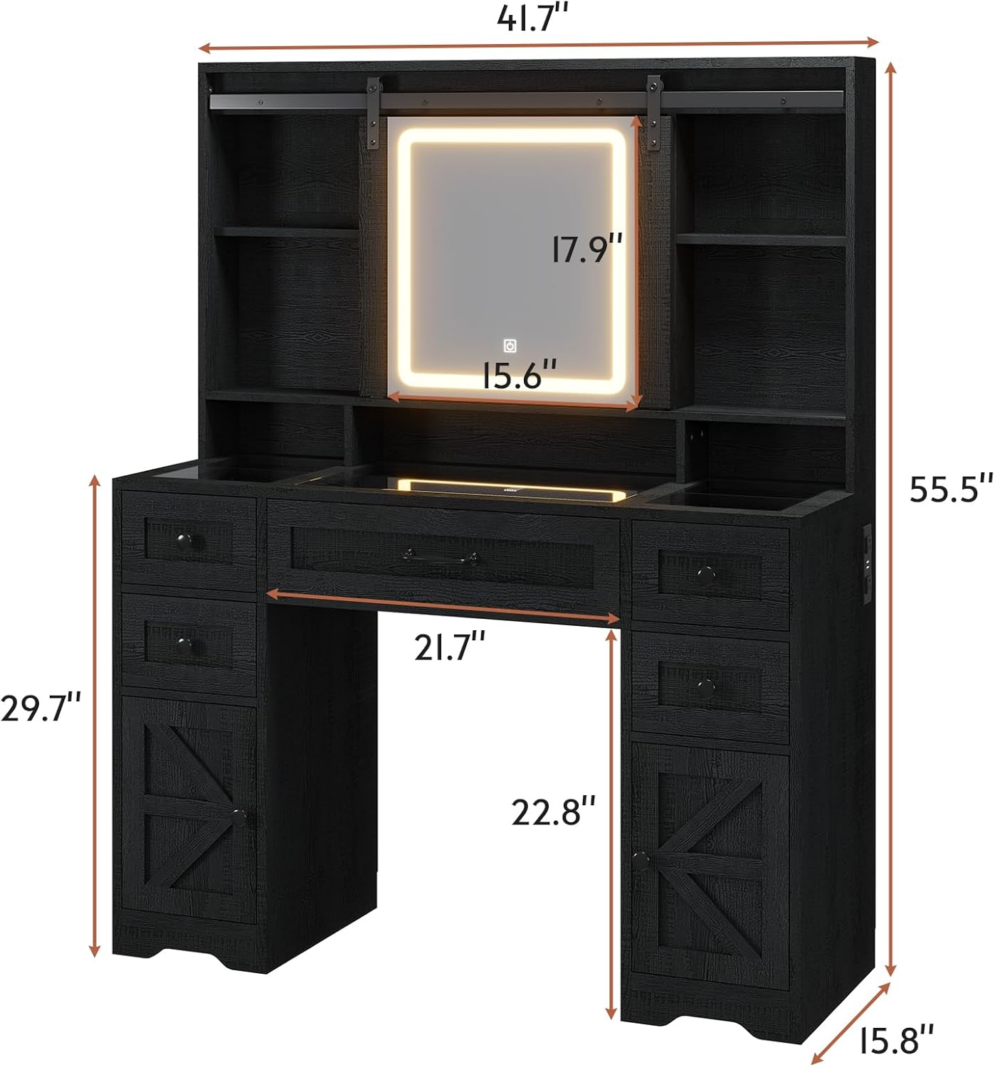 HAUOMS Vanity Wood-Grain Black Farmhouse Vanity Desk Wood-Grain Black