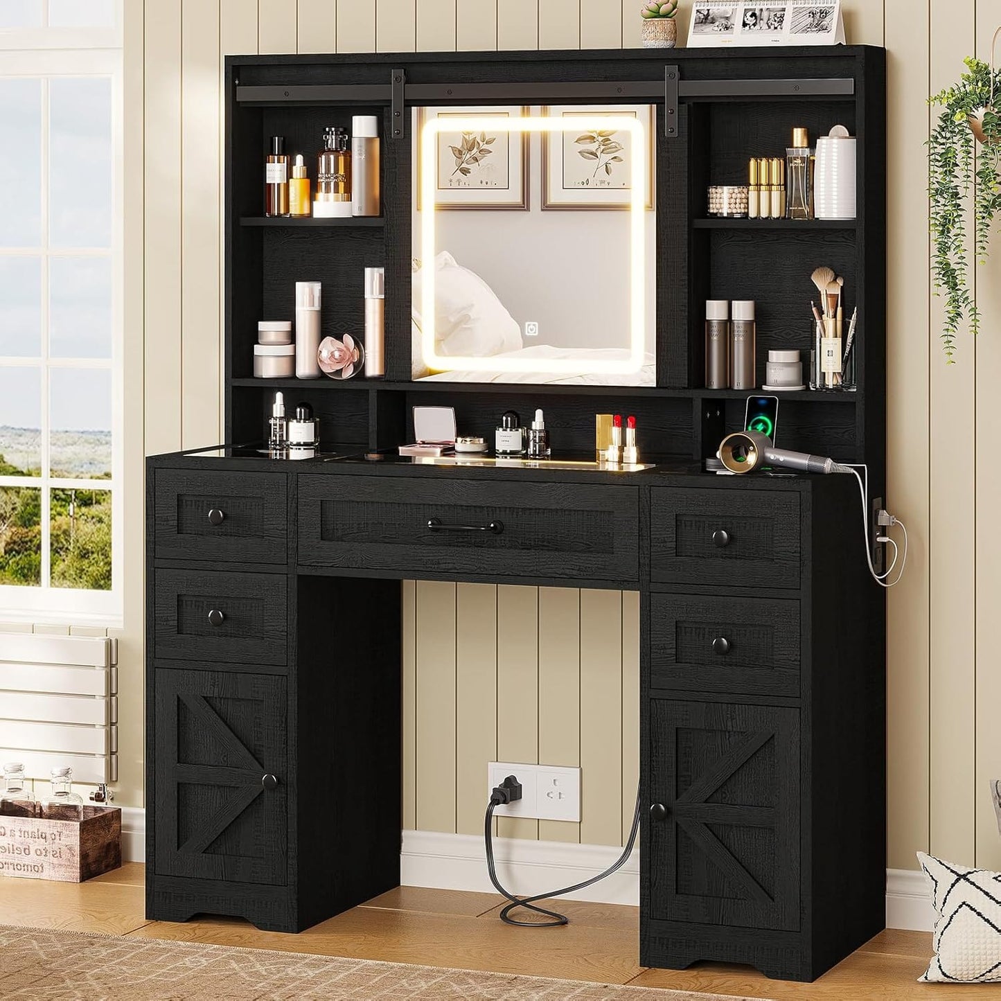HAUOMS Vanity Wood-Grain Black Farmhouse Vanity Desk Wood-Grain Black