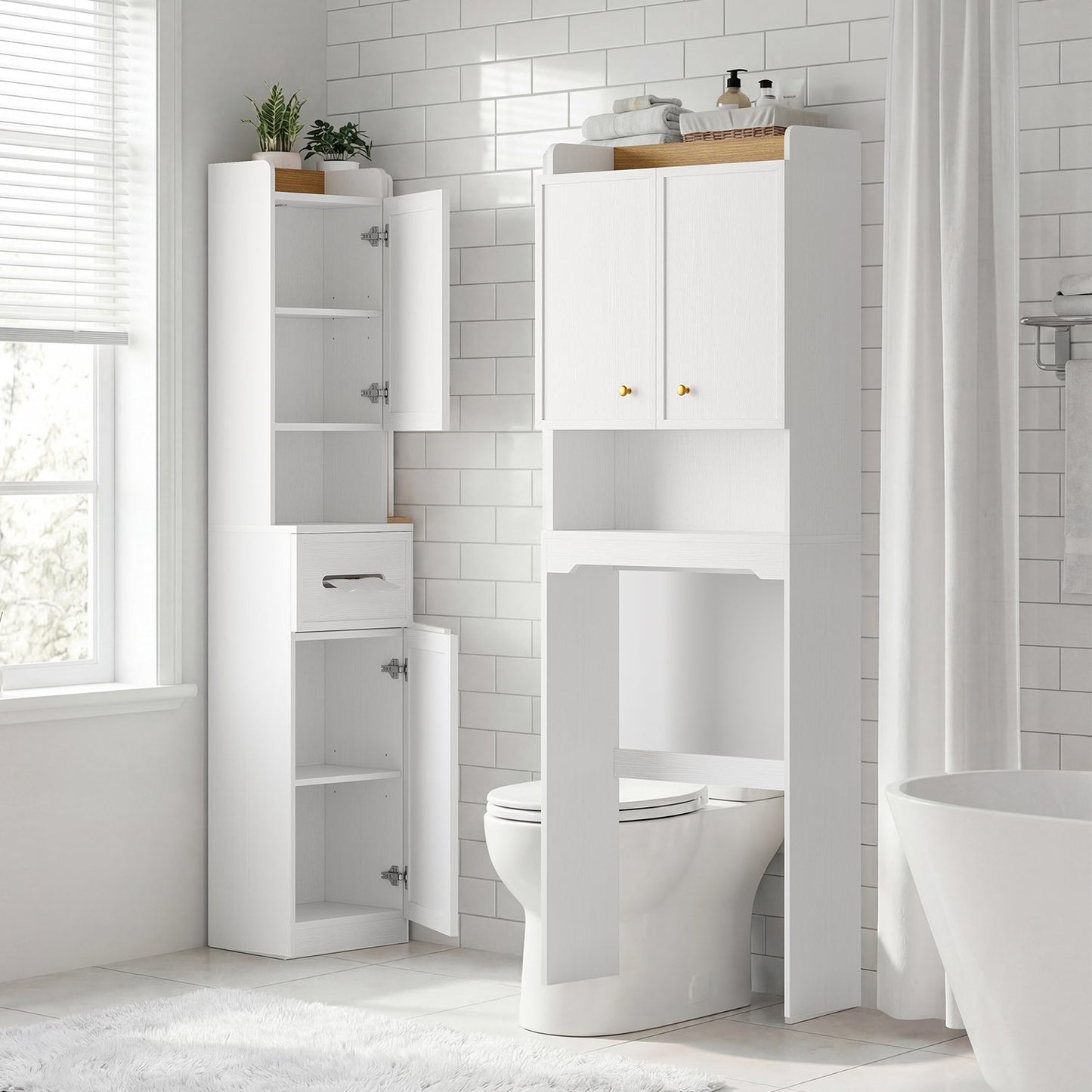 HAUOMS Over Toilet Storage Cabinet with Doors 2-in-1 Separatable Tall Narrow Cabinet 7-Tier Bathroom Storage Cabinet with Adjustable Shelf