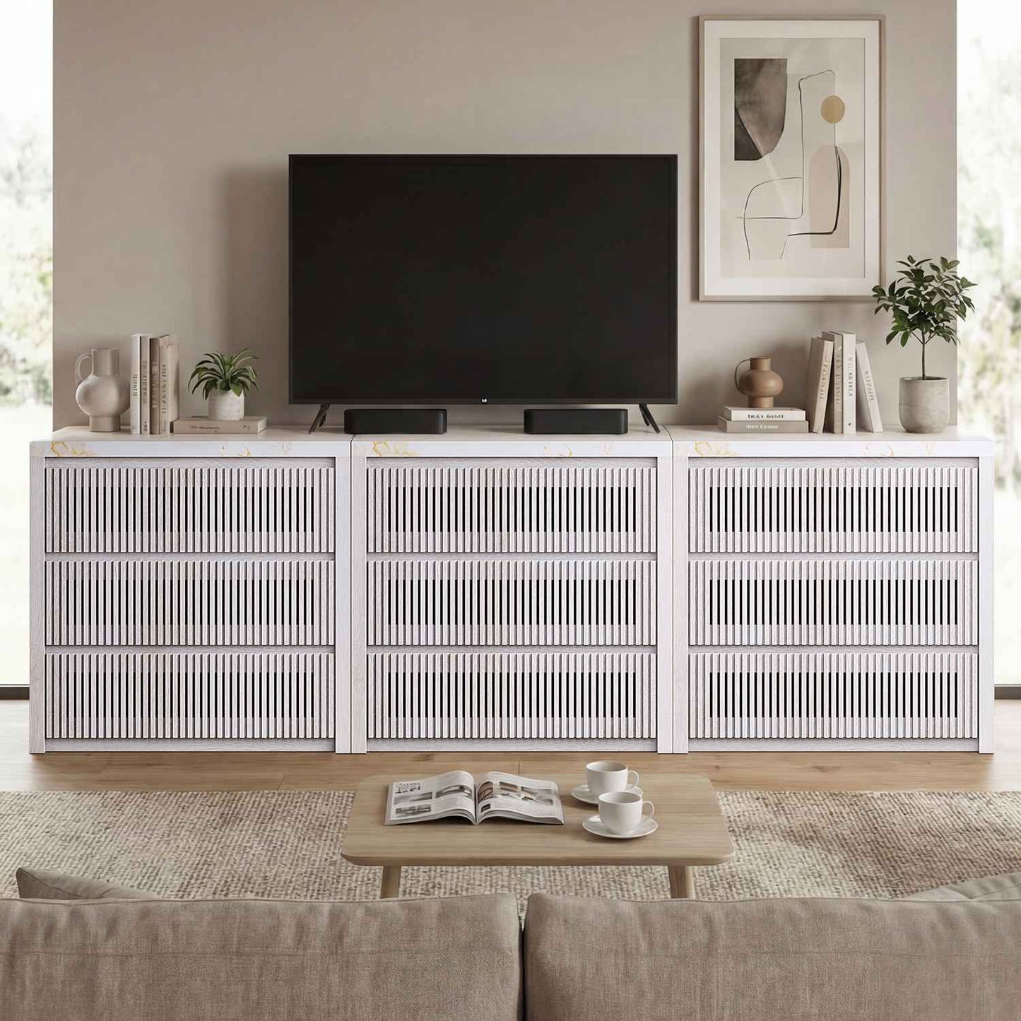 HAUOMS 27.6 Inch Tall Nightstand Extra Large Fluted Wood Bedside Table with 3 Drawers for Bedroom Living Room